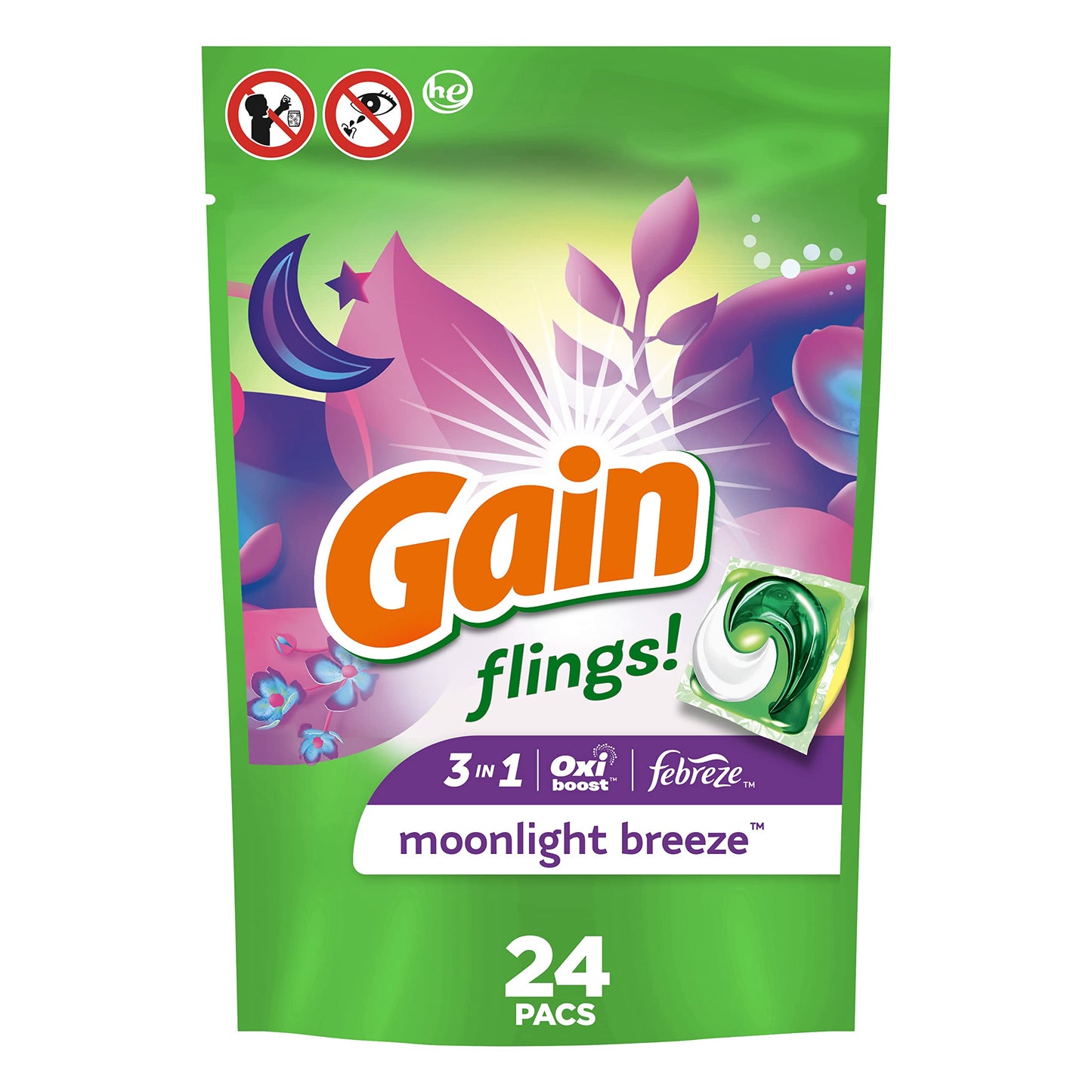 Gain flings! Laundry Detergent Soap Pacs, HE Compatible, 24 ct, Long Lasting Scent, Moonlight Breeze, Green