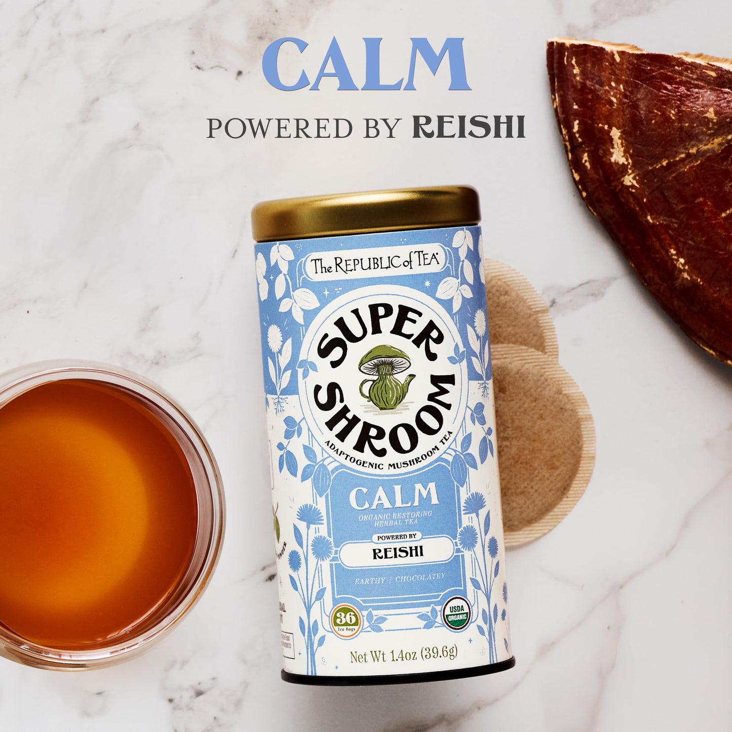 The Republic of Tea SuperShroom Calm Reishi Herbal Tea, Organic Rooibos, Cocoa and Dandelion Root Blend, Low Caffeine, Unbleached Tea Bags in Reusable