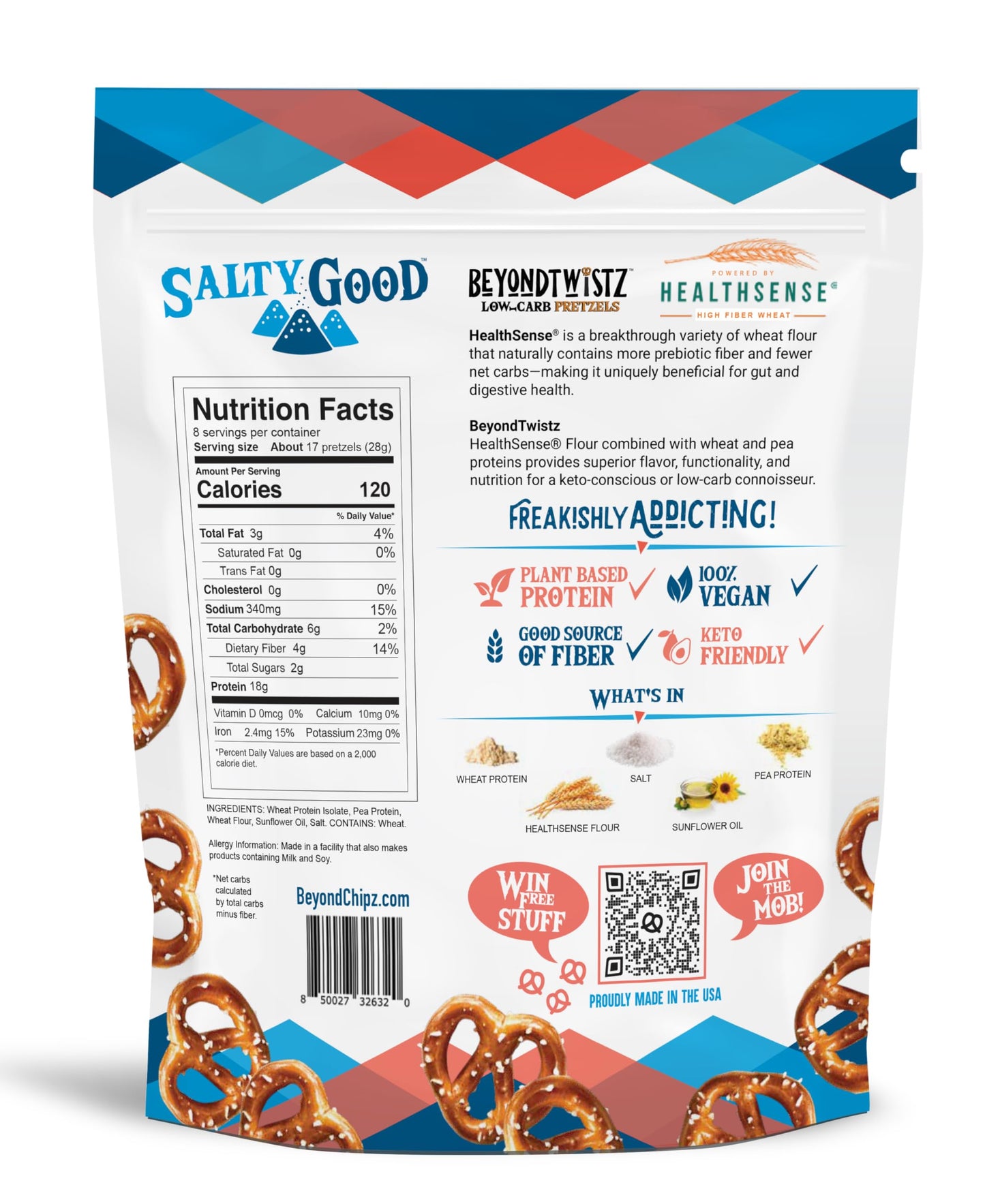 BeyondTwistz Low Carb Pretzels, Salty Good, Keto Friendly, 2g Net Carbs, 18g Protein, Powered By HealthSense® High Fiber Wheat Flour, Family Size 8oz