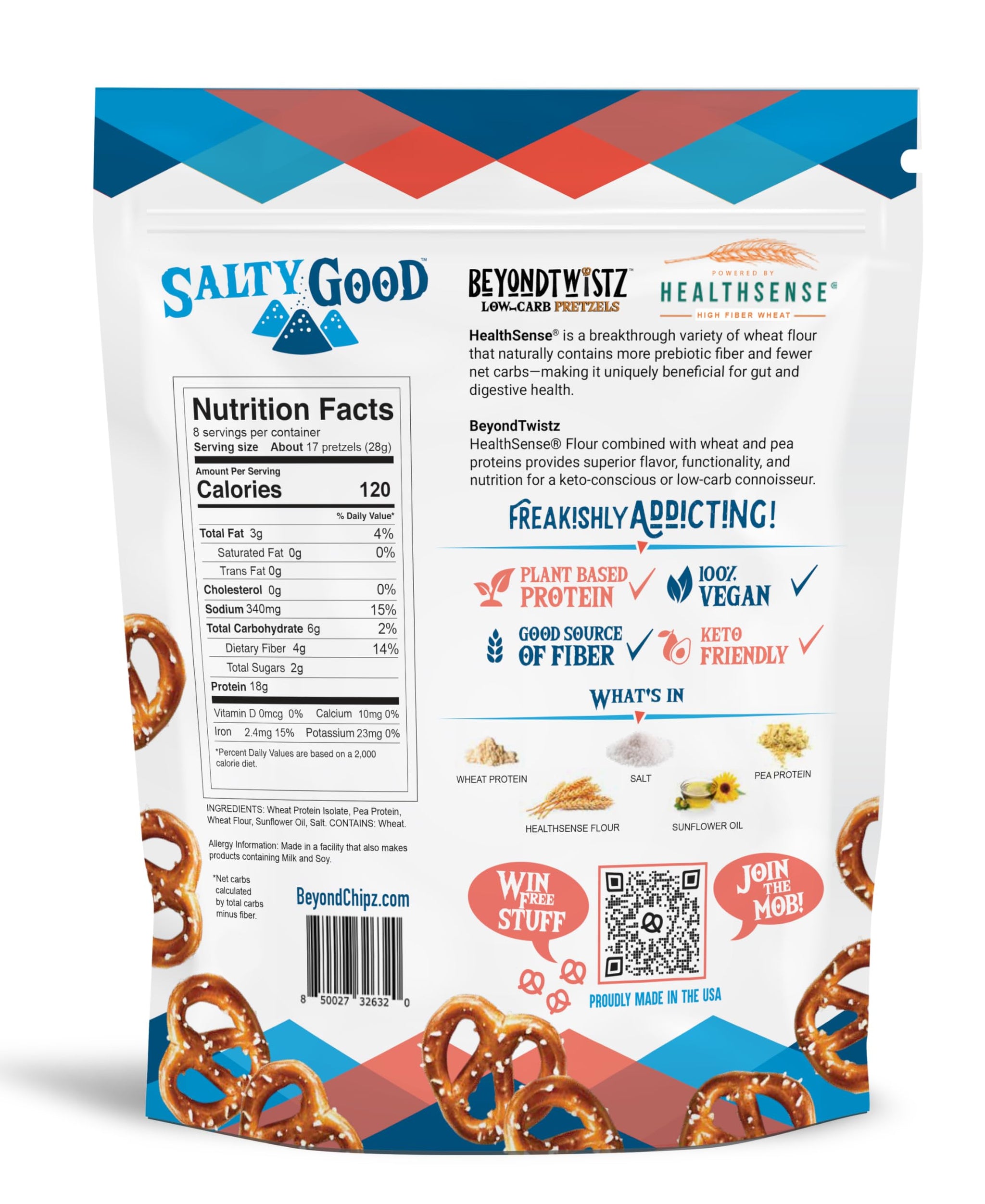 BeyondTwistz Low Carb Pretzels, Salty Good, Keto Friendly, 2g Net Carbs, 18g Protein, Powered By HealthSense® High Fiber Wheat Flour, Family Size 8oz