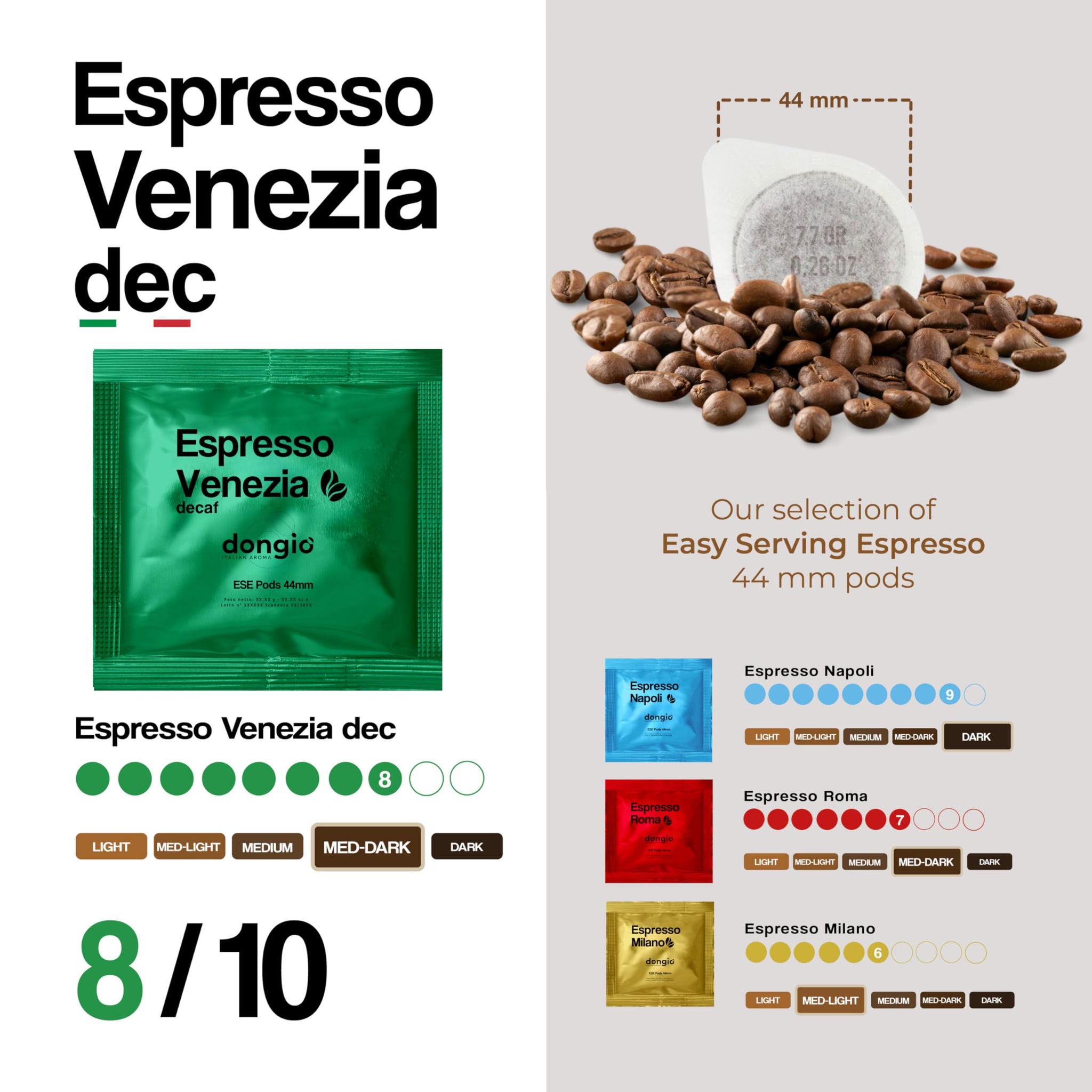 Dongio Caffe Venezia Decaf ESE 44mm Coffee Pods - 150 Count | Italian Decaf Espresso Pods, Dark Roast, Intensity 8/10, Rich Crema, Roasted in Italy