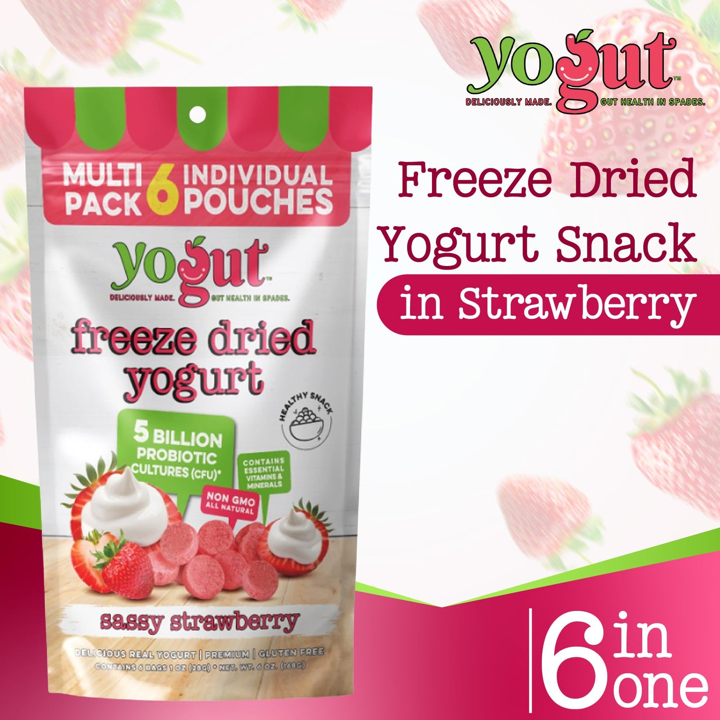 YoGut Freeze Dried Yogurt Snack Pack, Healthy, On-the-Go Smoothie Melts Snacks for Kids & Adults, Gluten Free, Non GMO with 5 Billion Live Probiotics