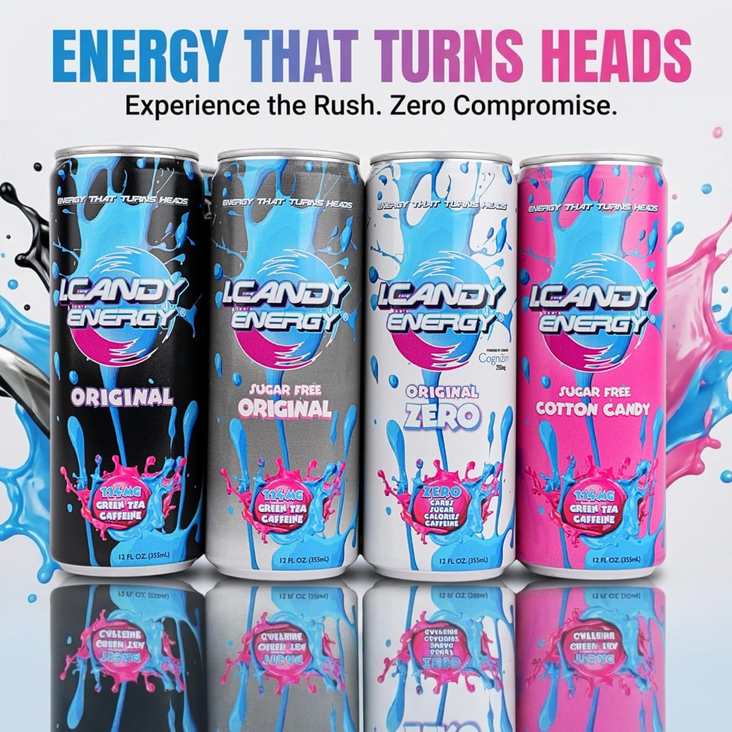 I.CANDY ZERO Energy Drink Caffeine Free, Sugar Free Energy Drinks 12 Pack 12 oz Cans, Zero Sugar Zero Calorie, 250mg Cognizin Citicoline, No Caffeine