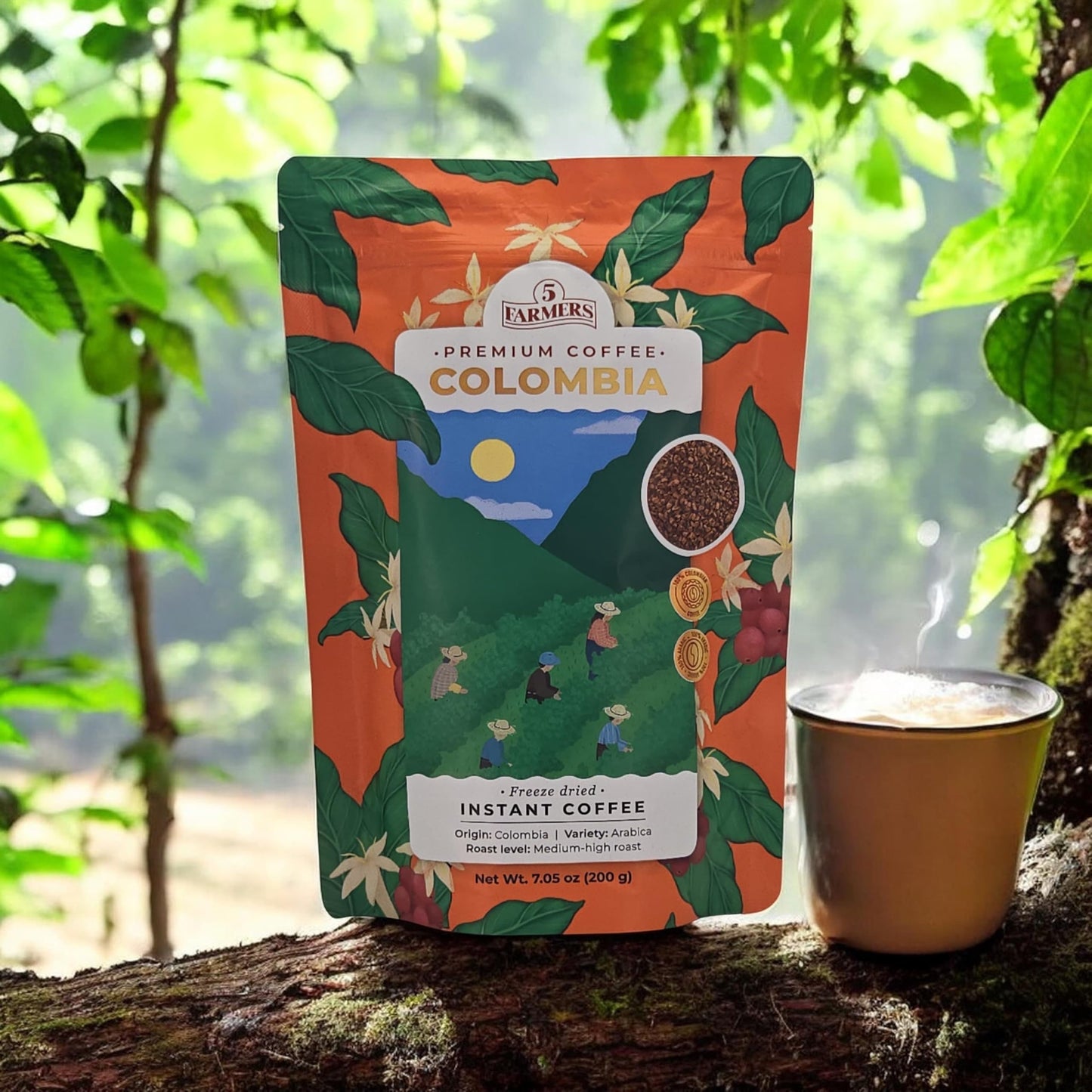 5 Farmers Premium Colombia Instant Coffee, Freeze Dried, 100% Colombian Arabica Beans, Medium-High Roast, 7.05 oz (200g) (PACK OF 1)