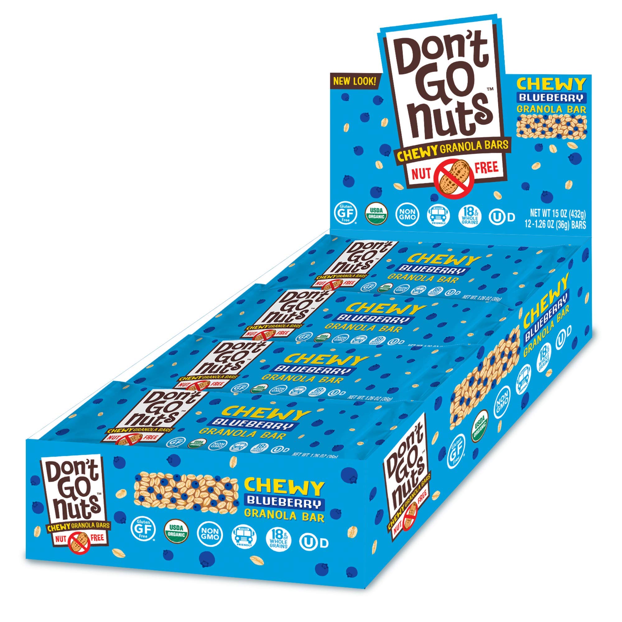 Don't Go Nuts Nut-Free Organic Chewy Granola Bar, Blueberry, 12 Count, Non GMO, Gluten Free
