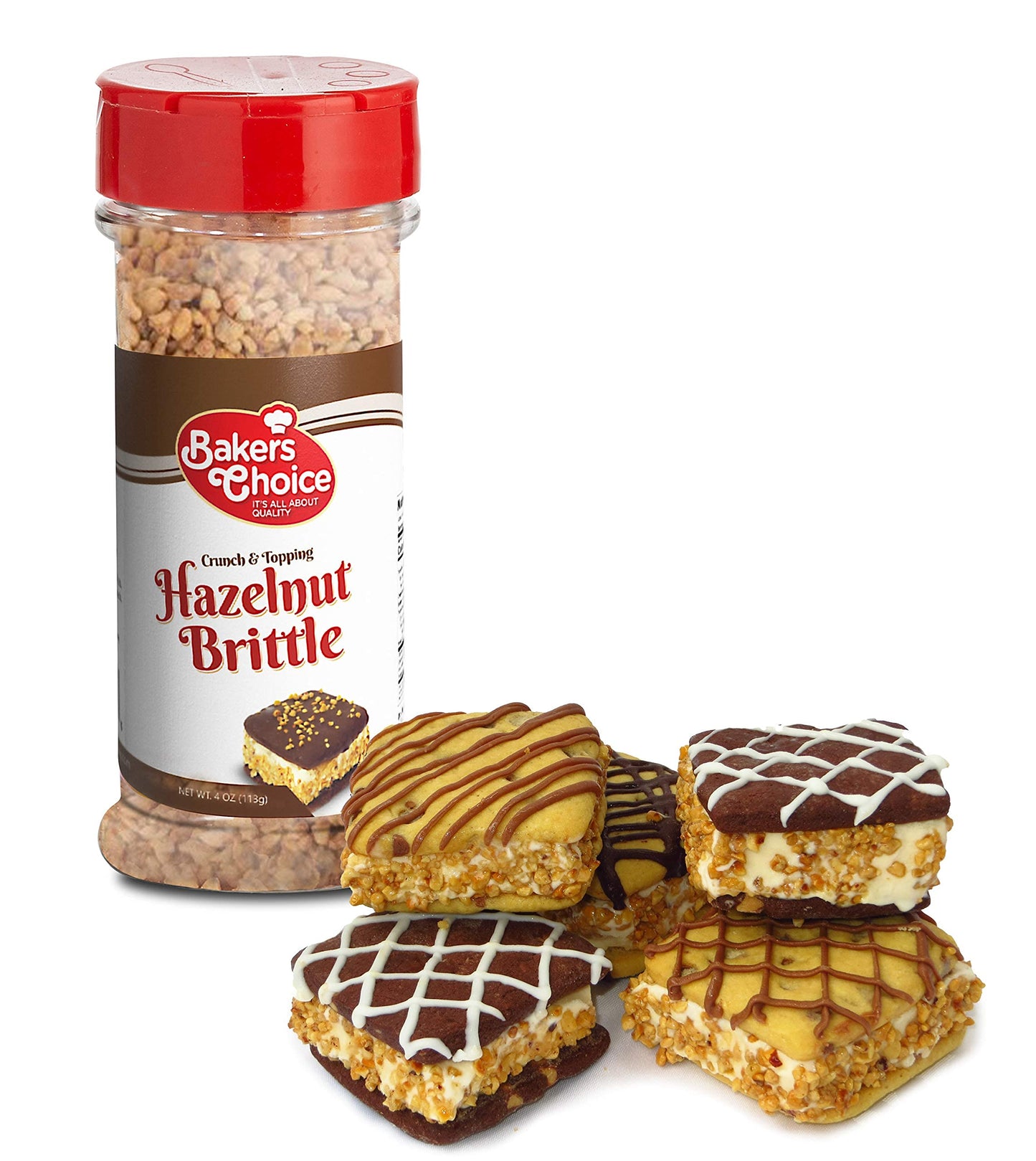 Baker’s Choice Hazelnut Brittle Crunch - Nut Dessert Ice Cream Topping - For Ice Cream, Sundaes, Cupcakes, or Milkshakes - Dairy Free, Kosher - 4 oz.