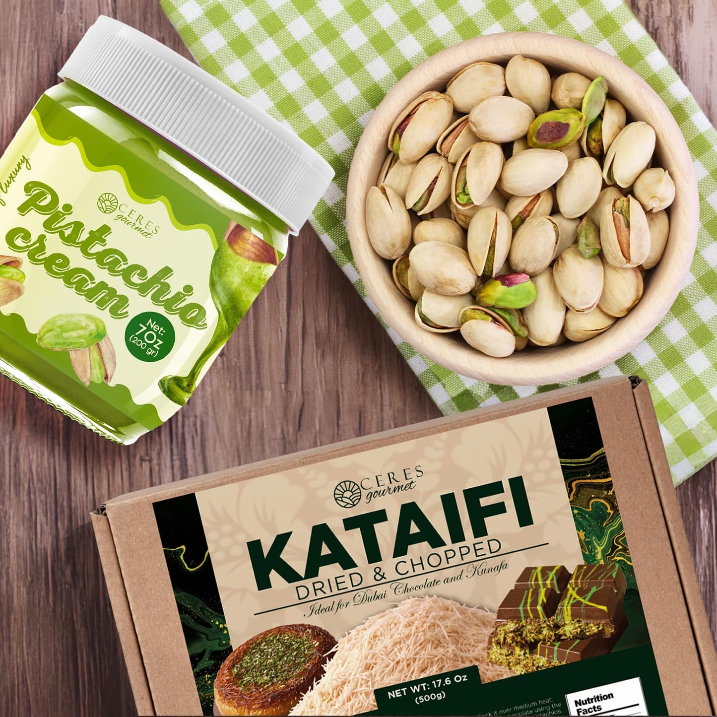 Ceres Gourmet Kataifi Shredded Fillo Dough & Pistachio Butter Spread Bundle for Dubai Chocolate Bar, Authentic Turkish Dried Chopped Kadayif Pastry