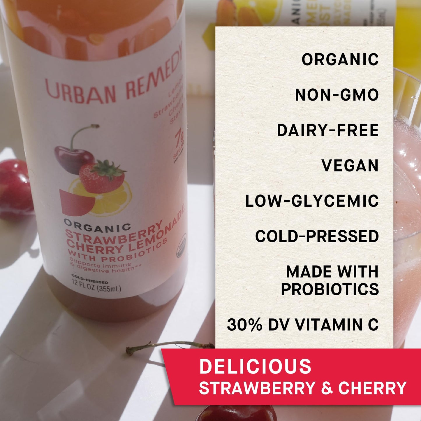 Urban Remedy Organic Strawberry Cherry Lemonade, Fruit-Infused Probiotic Drink with Vitamin C, No Sugar Added, Gluten-Free, Vegan, Non-GMO, 12 fl oz