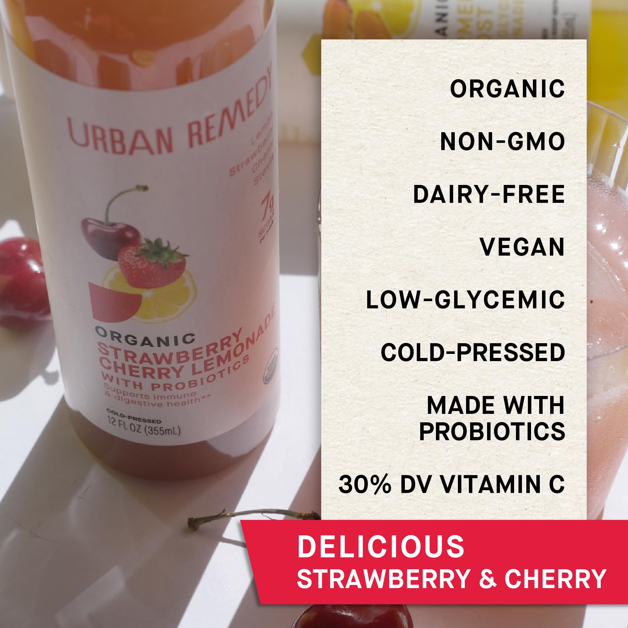 Urban Remedy Organic Strawberry Cherry Lemonade, Fruit-Infused Probiotic Drink with Vitamin C, No Sugar Added, Gluten-Free, Vegan, Non-GMO, 12 fl oz