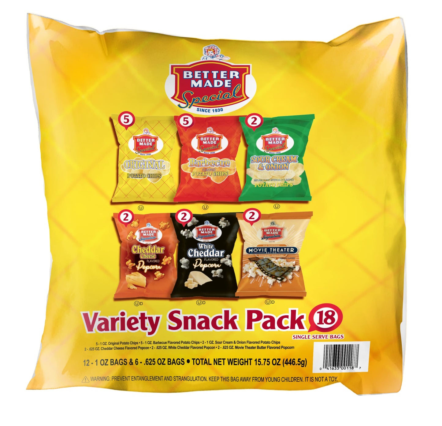 Better Made Special Snack Food Variety Packs Potato Chips & Popcorn 18ct (Pack of 4) 15.75 oz Each - Original, Sour Cream Onion, BBQ, Barbecue, White