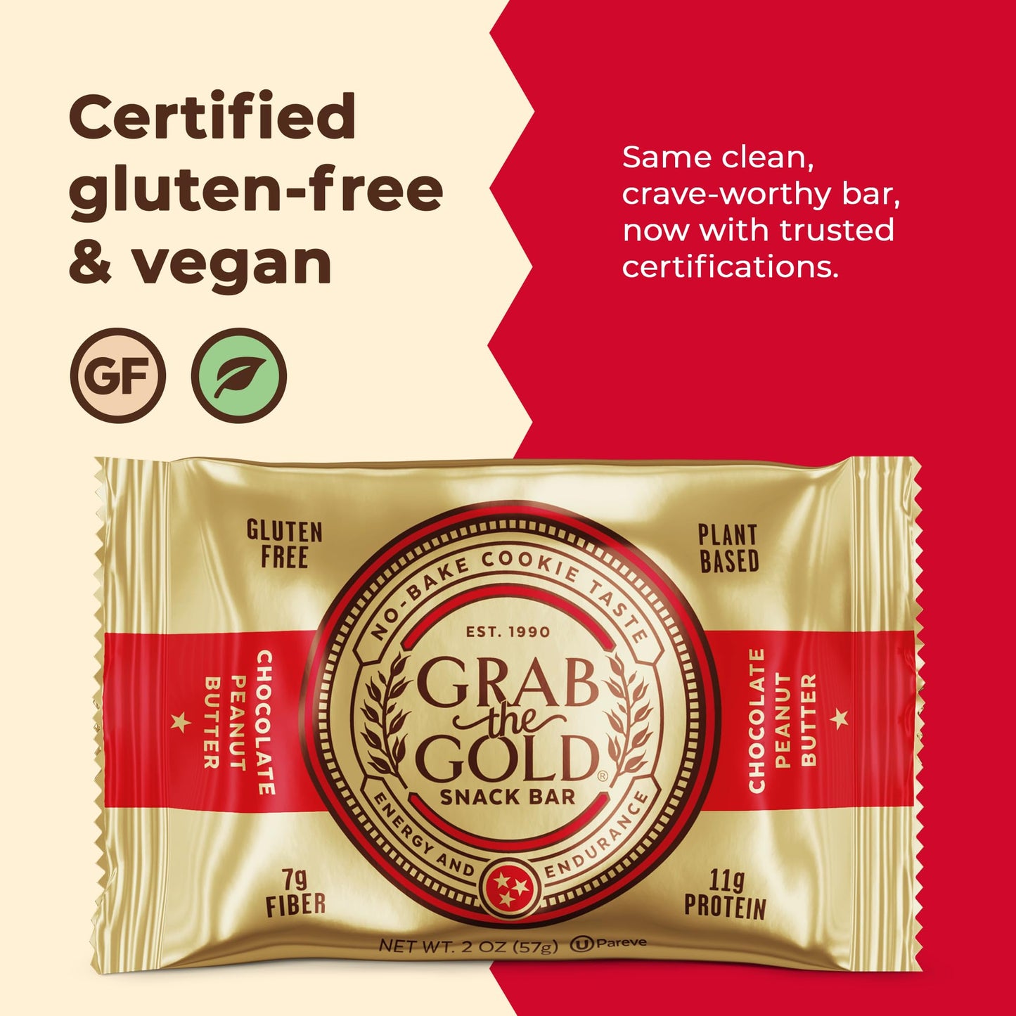 Grab The Gold Chocolate Peanut Butter Protein Snack Bars | 11g Plant-Based Protein, Organic Oats, Gluten-Free, Vegan, Dairy-Free, Kosher, High-Fiber
