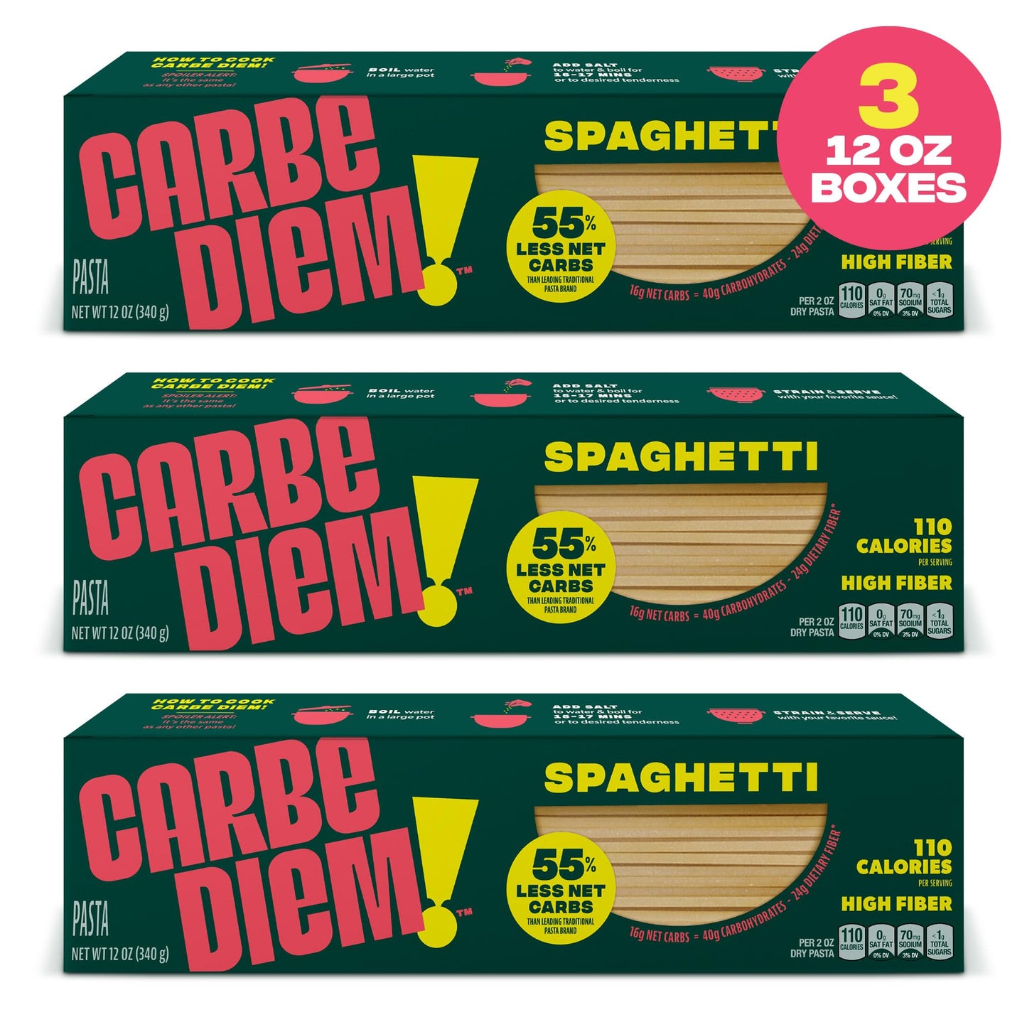 Carbe Diem!, Spaghetti, Lower Net Carb Pasta with Traditional Flavor & Texture, 8 grams of Protein, 55% Fewer Net Carbs & Only 110 Calories Per