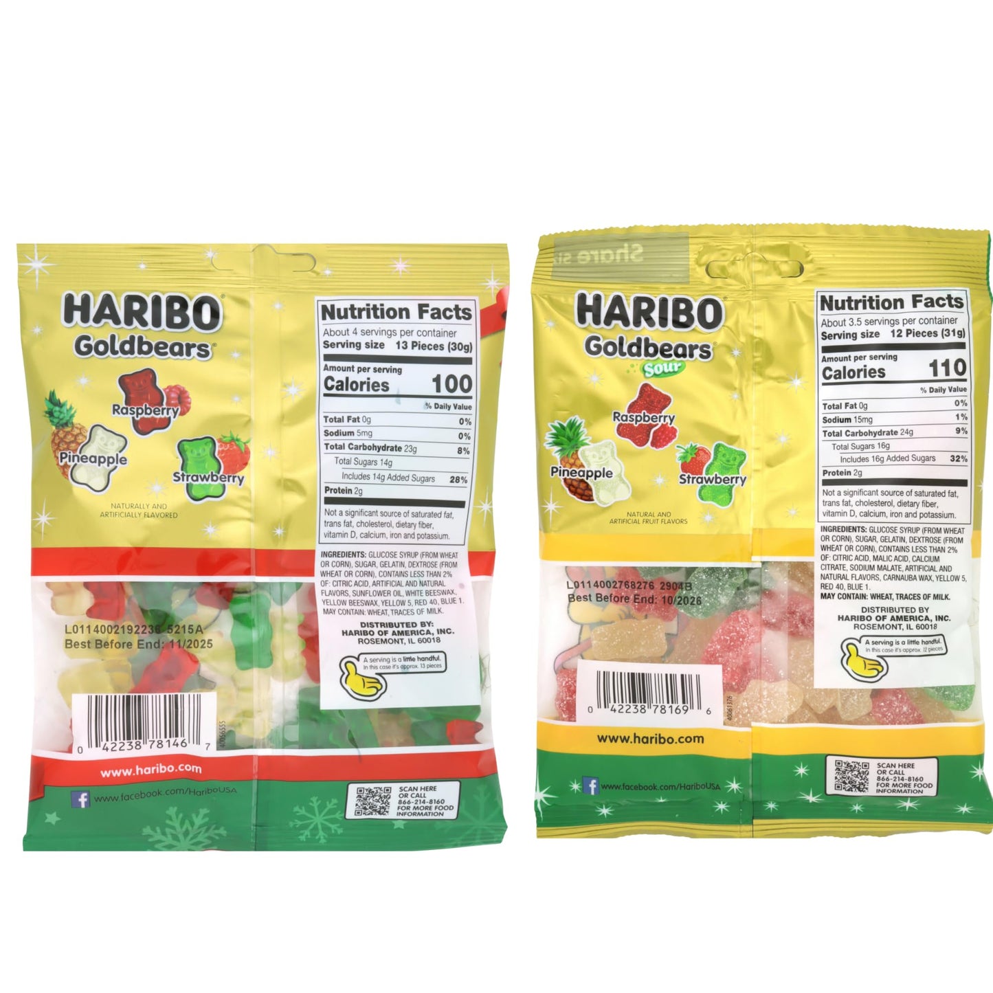Christmas Haribo Goldbears, Original and Sour Gummy Bears, Assorted Fruit Flavored, Holiday Stocking Stuffers, 3.6 and 4 Ounces (Pack of 2)