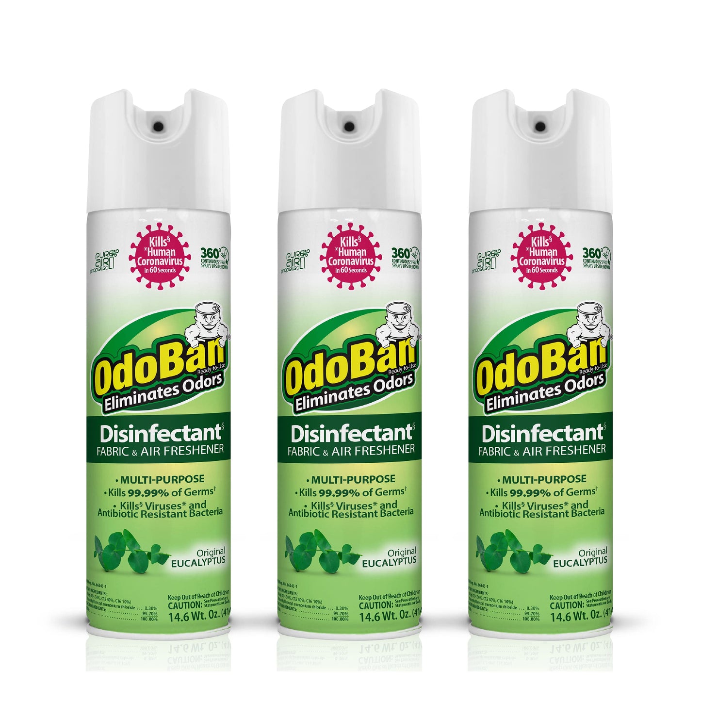 OdoBan Ready-to-Use 360-Degree Continuous Spray Disinfectant and Harsh Aroma Eliminator, Fabric and Air Freshener, 3 Pack, 14.6 Ounces Each, Original
