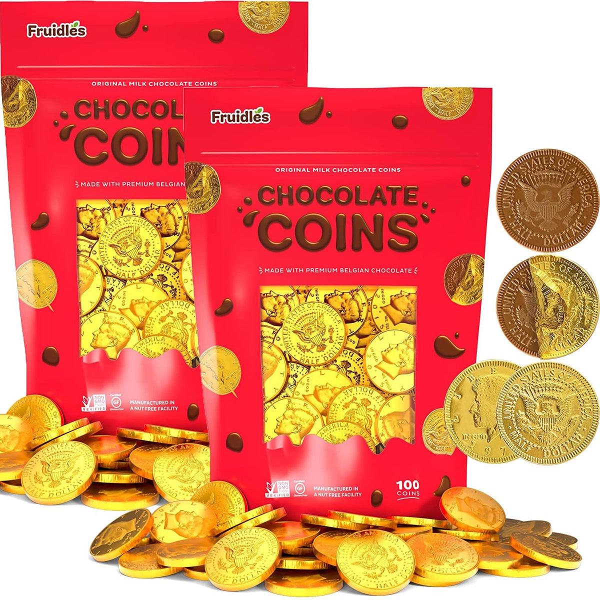 200 Milk Chocolate Coins, Gold Half Dollar Coins, Made with Premium Belgian Chocolate, Hanukkah Gelt Nut Free, Non-GMO, Kosher Dairy