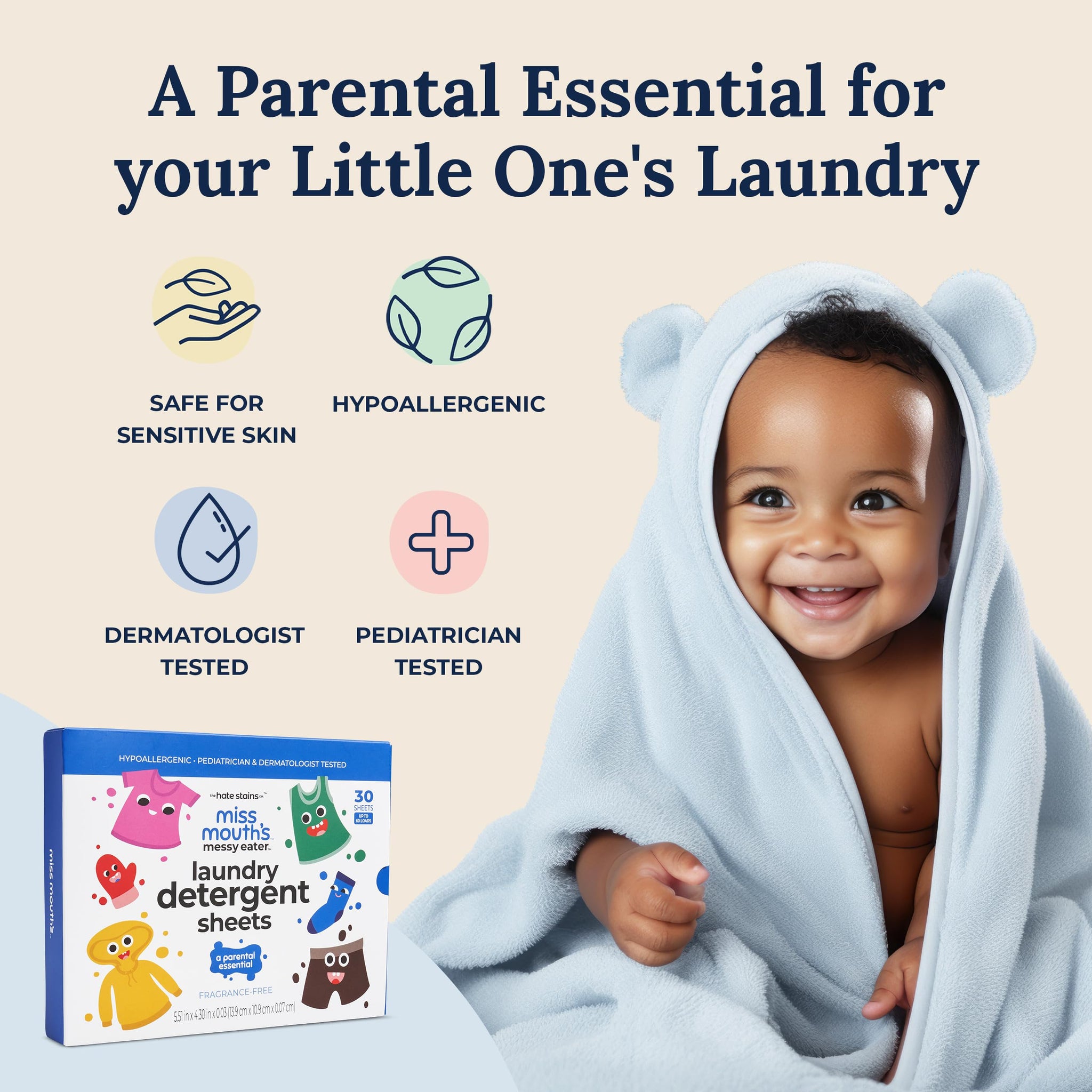 Miss Mouth's Laundry Detergent Sheets - 60 Loads, Unscented - Hypoallergenic & Sensitive Skin Friendly Laundry Sheets - Pediatrician & Dermatologist