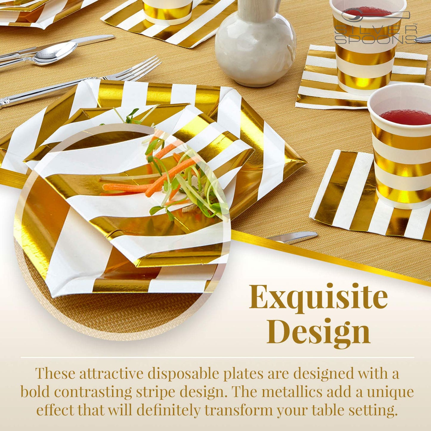SILVER SPOONS DISPOSABLE SIDE PLATES | 24 pc | made of Heavyweight Paper Materials | Stripe - Gold | 7.5"