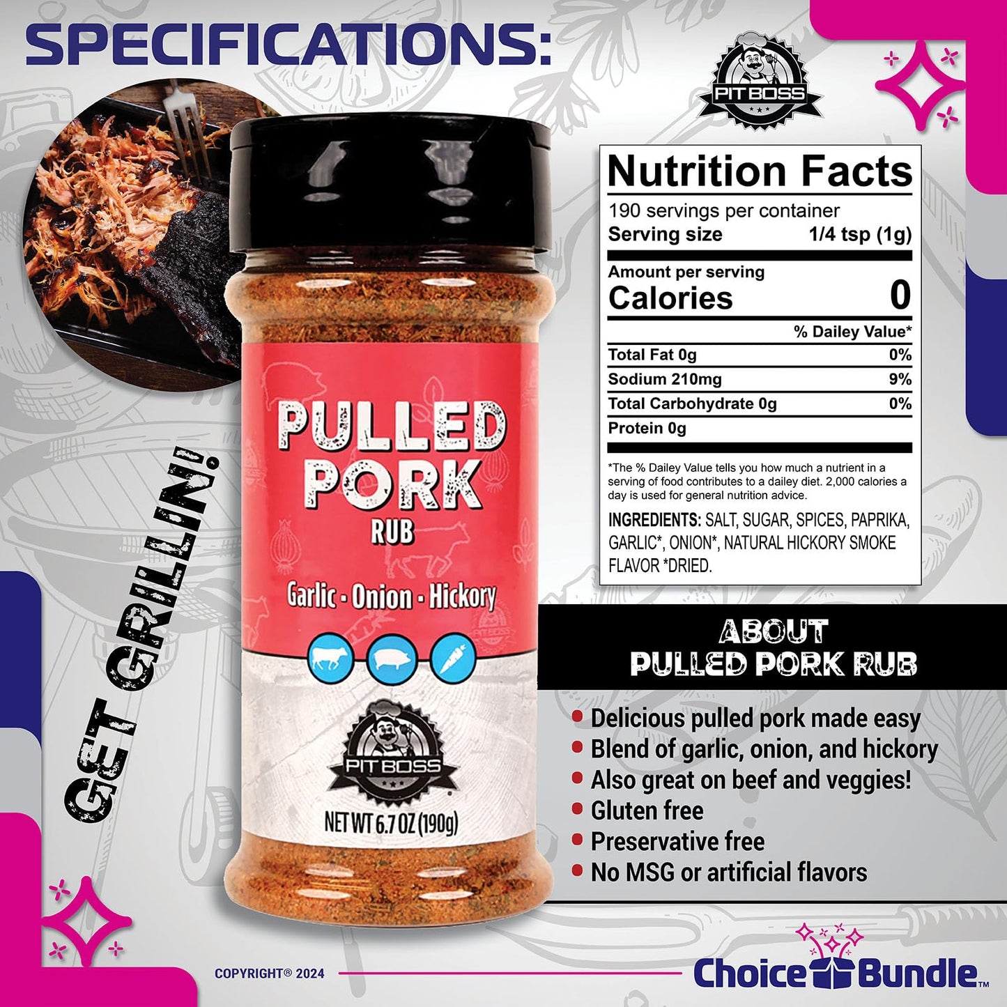 Pit Boss Pulled Pork Premium BBQ Barbecue Mixed Seasoning Spice & Rub 3 pk Choice Bundle (20.1 oz) + Guide & Keychain Bottle Opener (5 Items)!