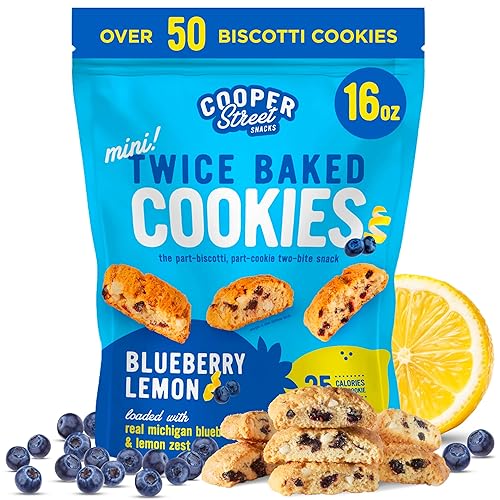 Cooper Street Twice-Baked Blueberry Lemon Biscotti Cookies (16 oz) - Over 50 Biscotti per Bag Loaded with Real Fruit, Italian Style Snacks Ideal