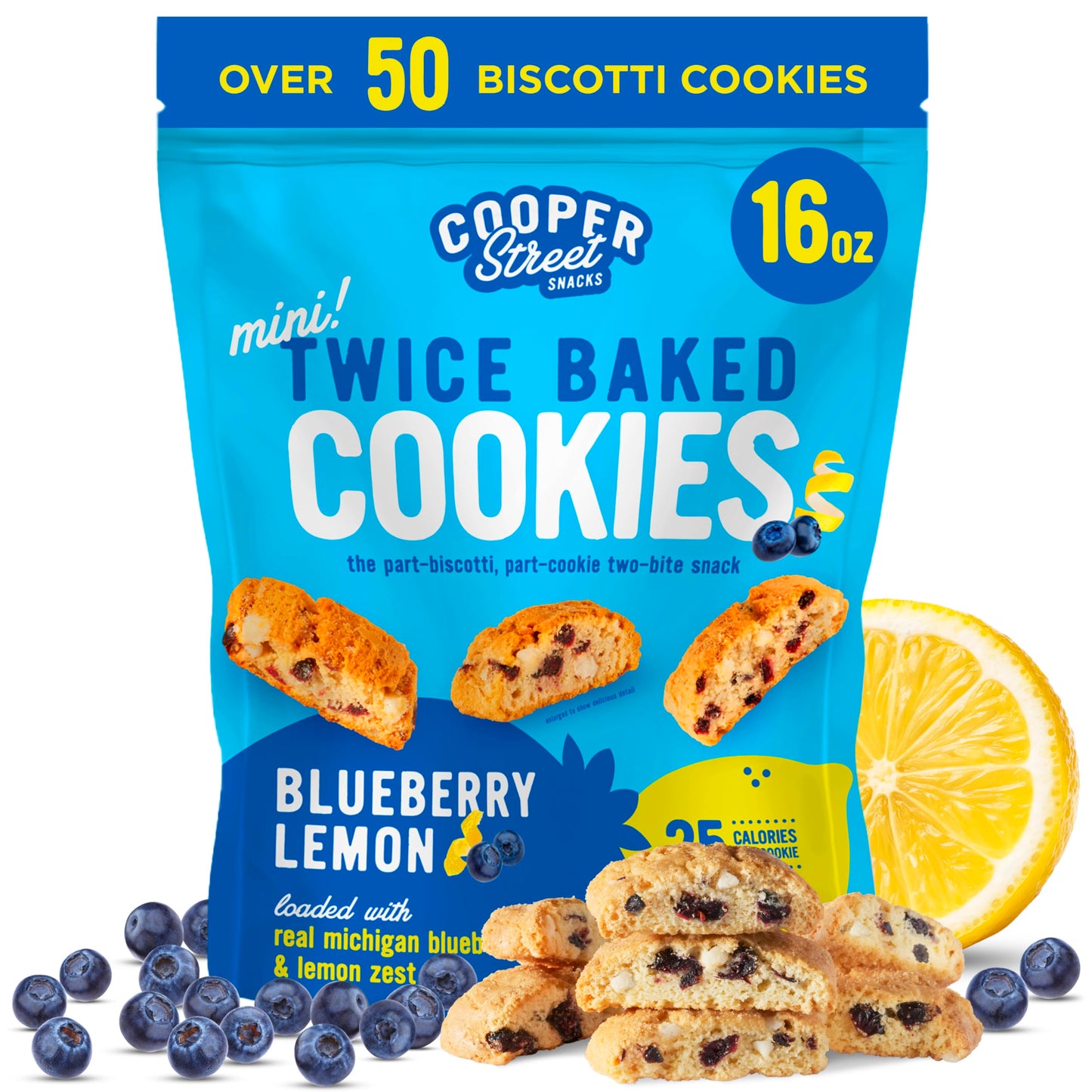 Cooper Street Twice-Baked Blueberry Lemon Biscotti Cookies (16 oz) - Over 50 Biscotti per Bag Loaded with Real Fruit, Italian Style Snacks Ideal