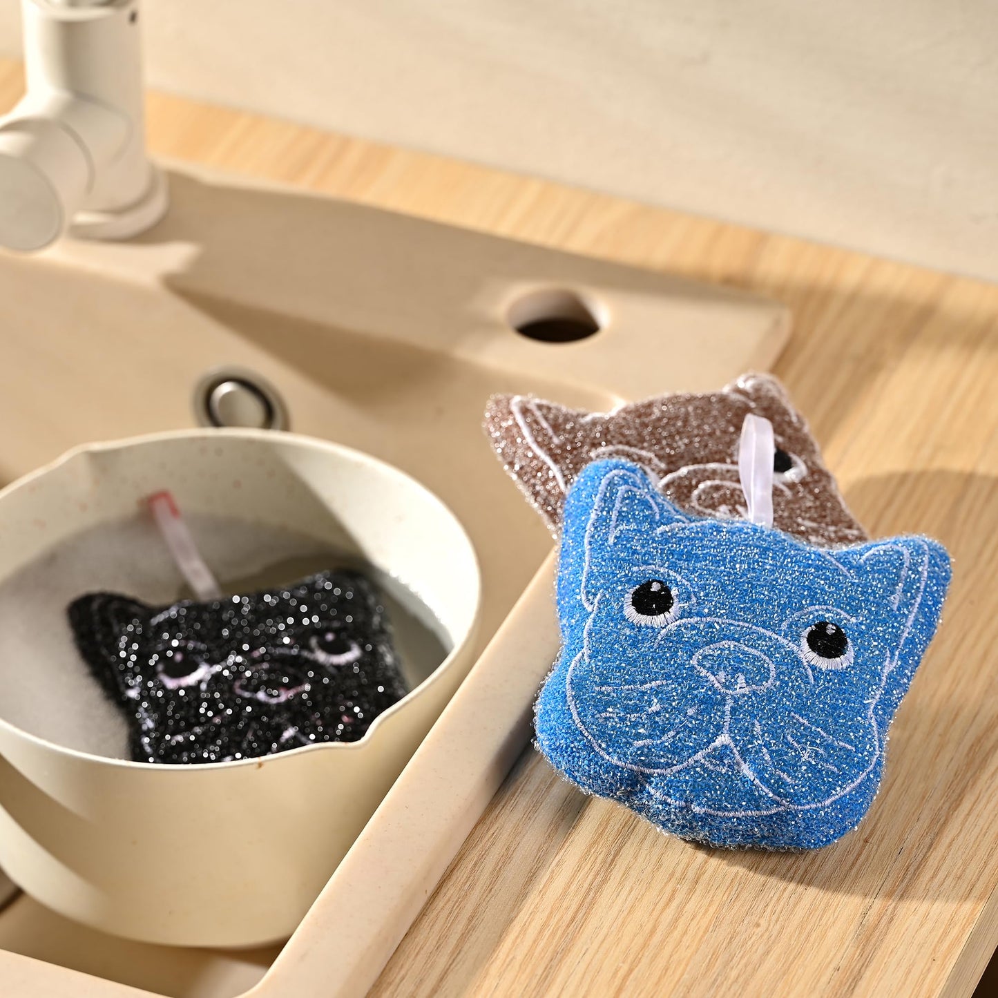 Fox Run Bulldog Kitchen Scrubber Set, Multicolor Pack of 3 Dog Sponges, 4.25" Non-Abrasive Cleaning Pads