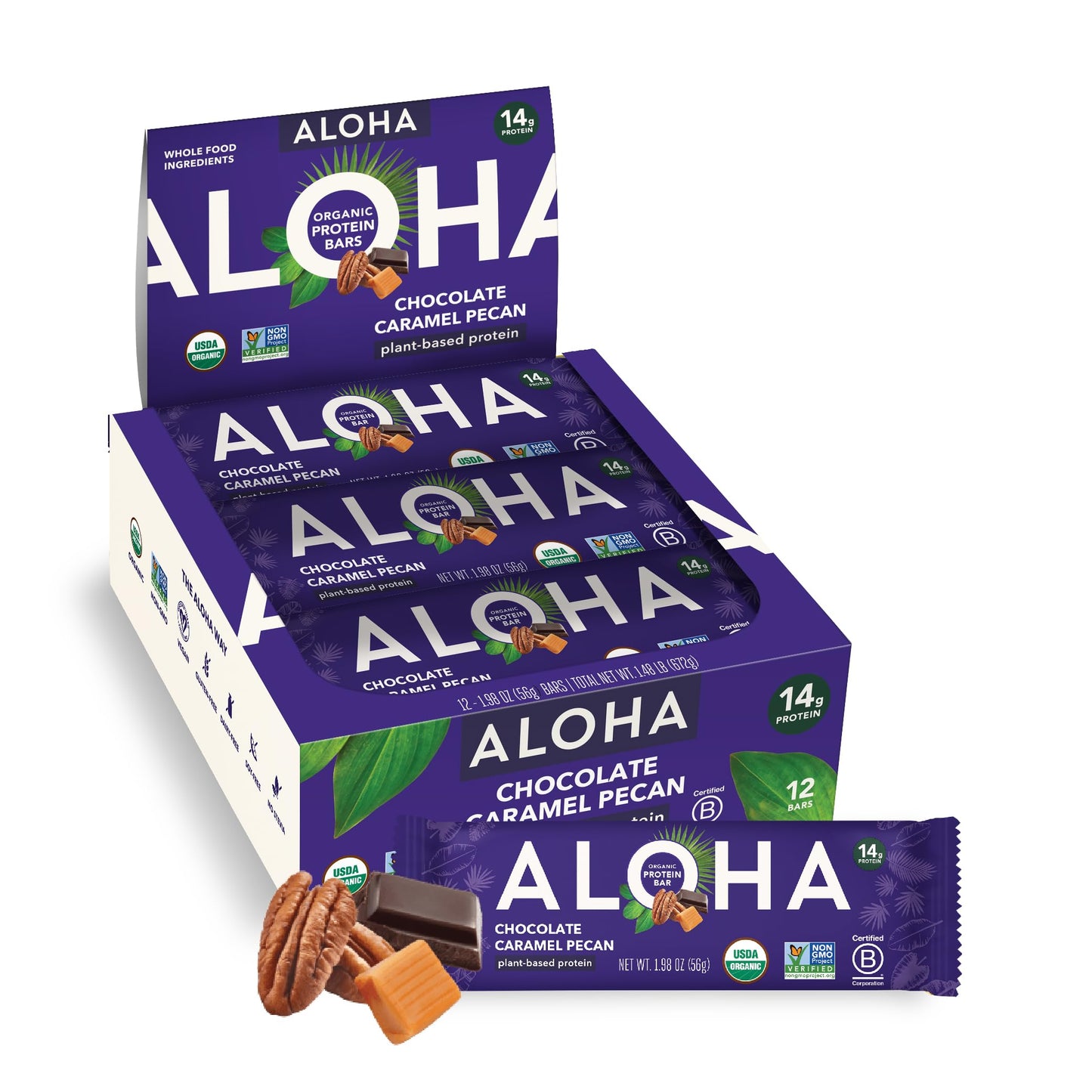 ALOHA Organic Plant Based Protein Bars | Chocolate Caramel Pecan | 12 Count, 1.98oz Bars | Vegan, Low Sugar, Gluten Free, Paleo Friendly, Low Carb