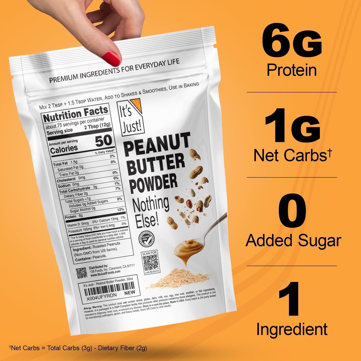 It's Just! Peanut Butter Powder - 90% Less Fat, Non-GMO, No Added Salt or Sugar, 1 Ingredient - 32oz