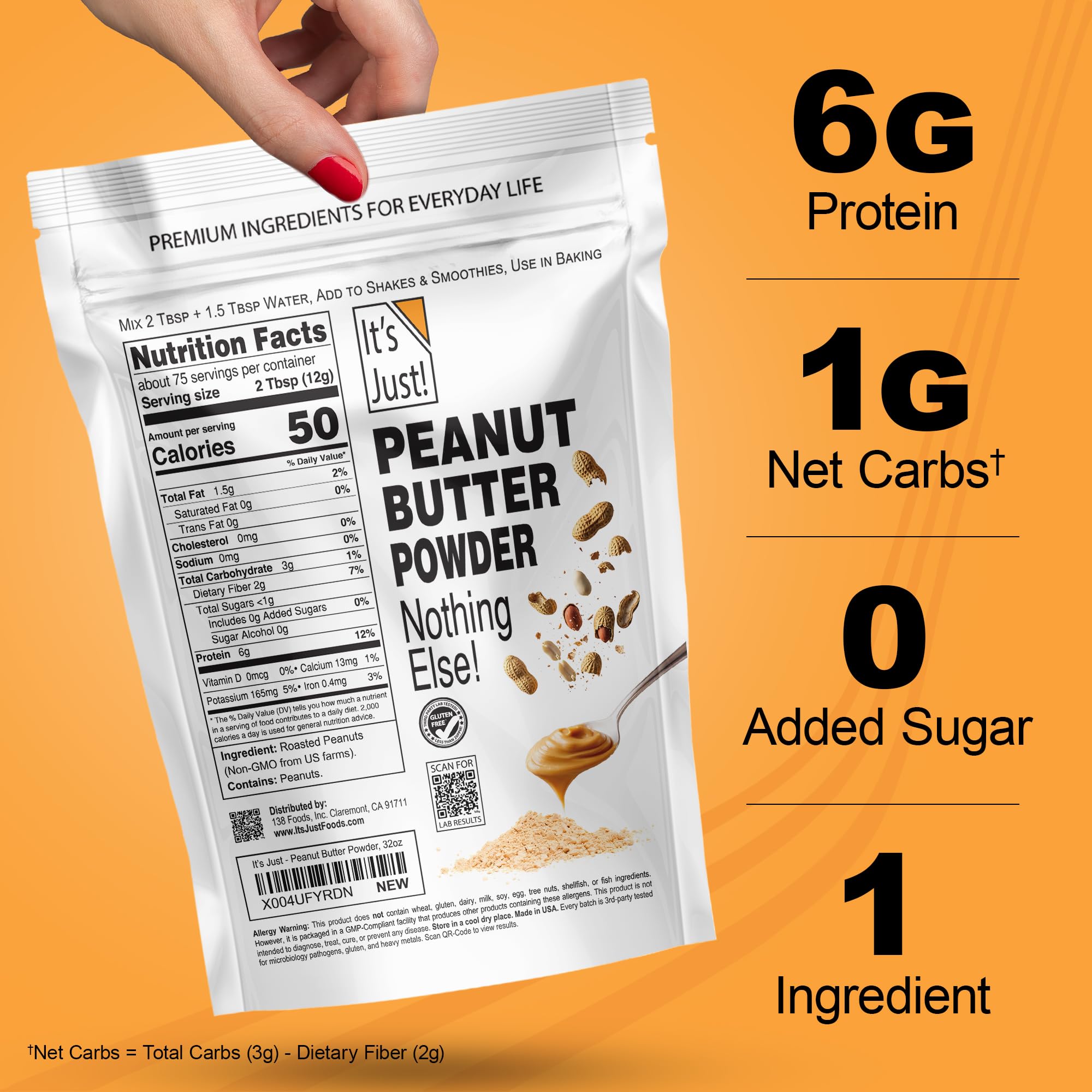 It's Just! Peanut Butter Powder - 90% Less Fat, Non-GMO, No Added Salt or Sugar, 1 Ingredient - 32oz