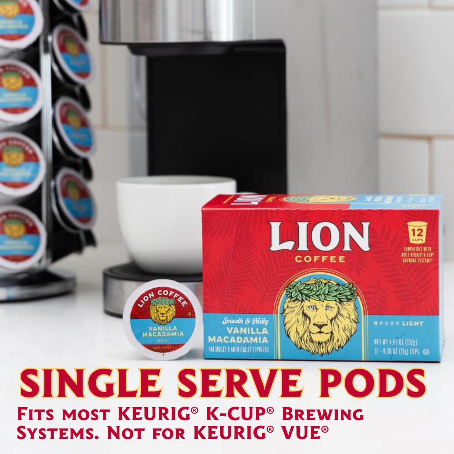 Lion Coffee Vanilla Macadamia Flavored Medium Roast Coffee Pods - Single-Serve Pods - Hawaiian Inspired Flavor - Arabica Coffee - Compatible