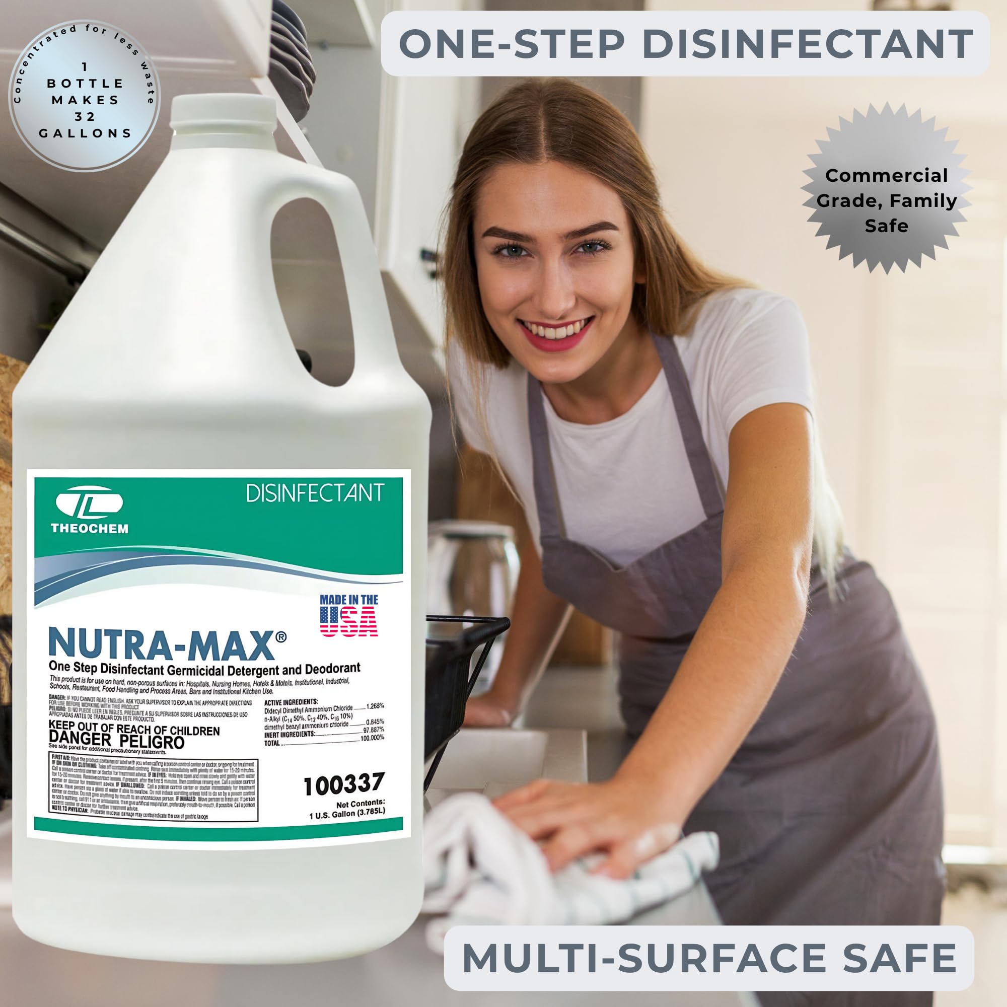 Theochem Nutra-Max Hospital Grade Disinfectant, EPA List N & G, Kills 99.9% Viruses & Bacteria, 1:32 Concentrate Makes 32 Gallons, Commercial