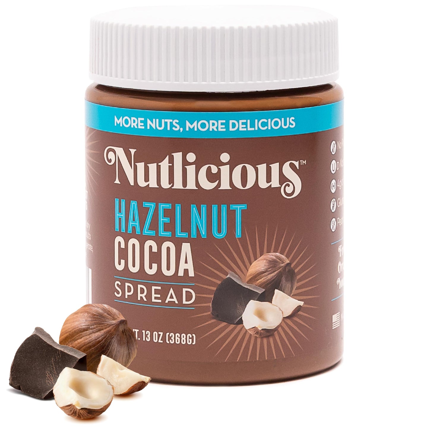NUTLICIOUS Hazelnut Cocoa Spread (13 oz), Spreadable Roasted Hazelnuts with Cocoa, Made in the USA, No Palm Oil, 4 gm of Protein