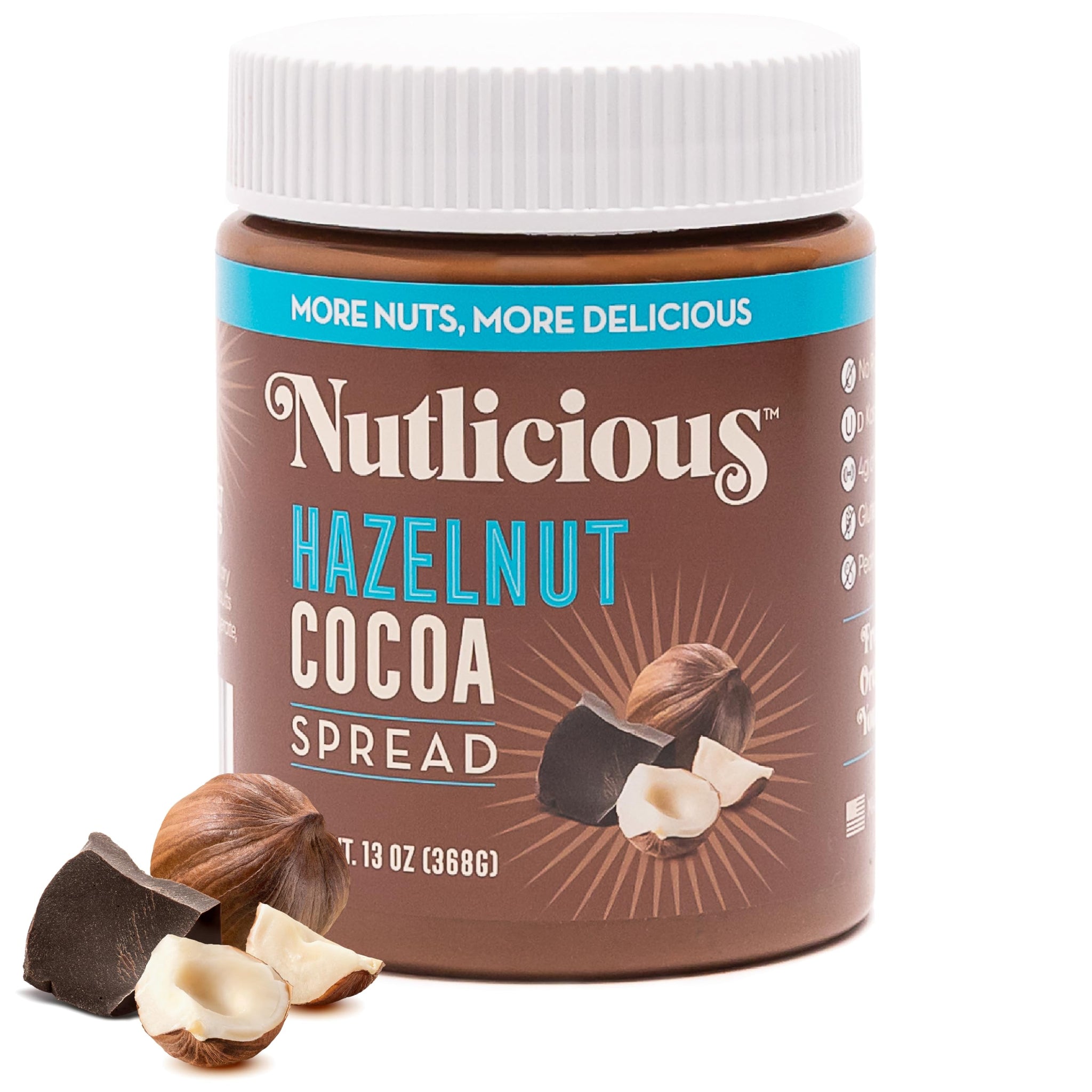 NUTLICIOUS Hazelnut Cocoa Spread (13 oz), Spreadable Roasted Hazelnuts with Cocoa, Made in the USA, No Palm Oil, 4 gm of Protein