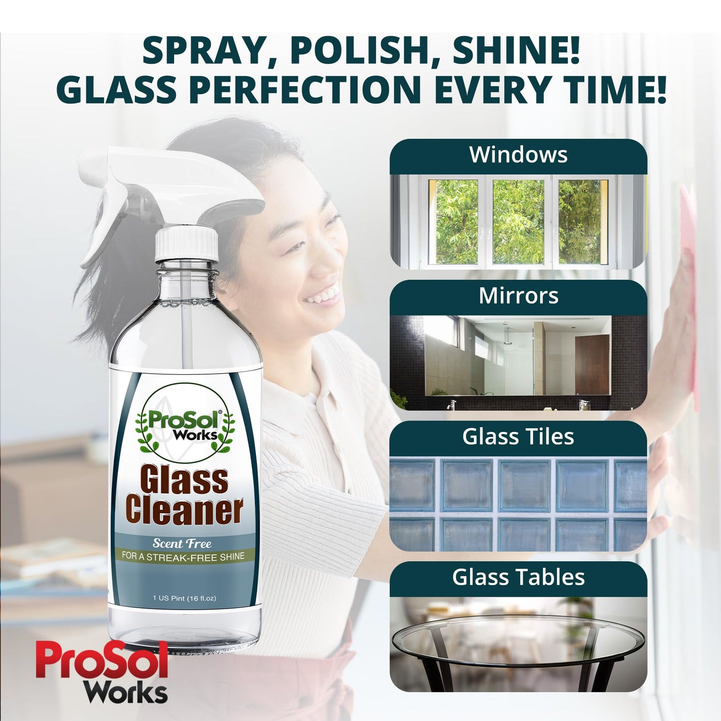 ProSol Works Glass Cleaner 16 oz - All Purpose Cleaning Spray for Glass Doors & Windows, Mirrors & Chrome Surfaces - Glasses Spray Helps Remove