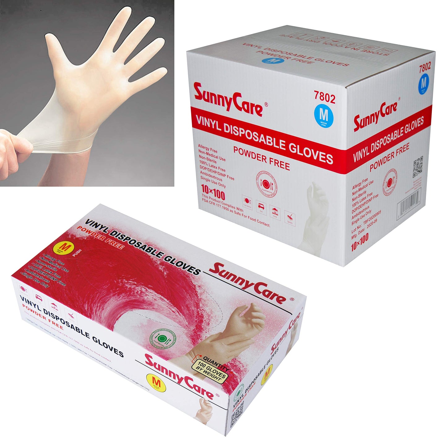 SunnyCare #7802 1000/1cases Vinyl Disposable Gloves Powder Free (Latex Nitrile Free) Medium