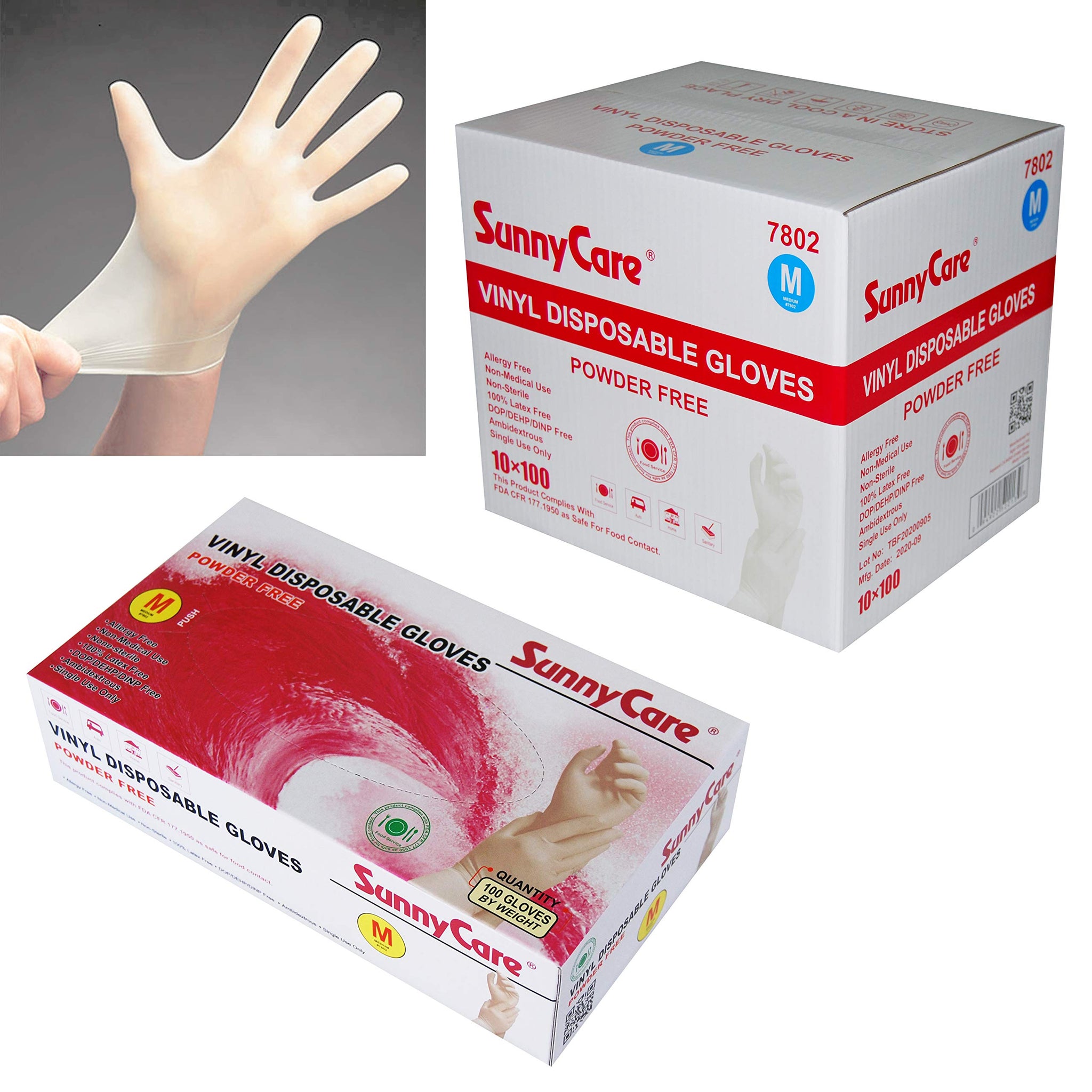 SunnyCare #7802 1000/1cases Vinyl Disposable Gloves Powder Free (Latex Nitrile Free) Medium