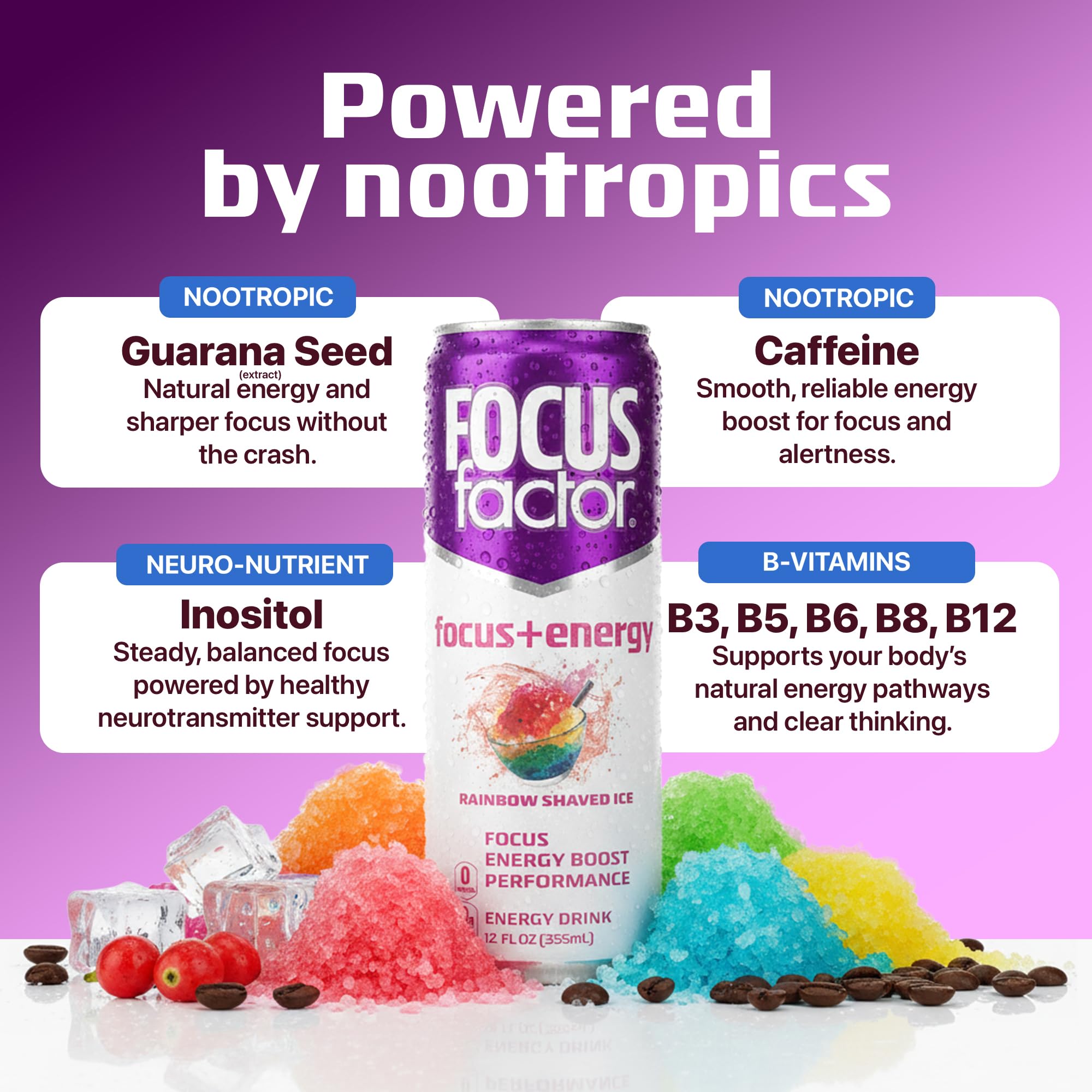 Focus Factor Energy Drink - 12 x 355ml Cans (Rainbow Shaved Ice Flavor) - with Focus + Energy - Lightly Carbonated, Sugar Free, Low Calorie