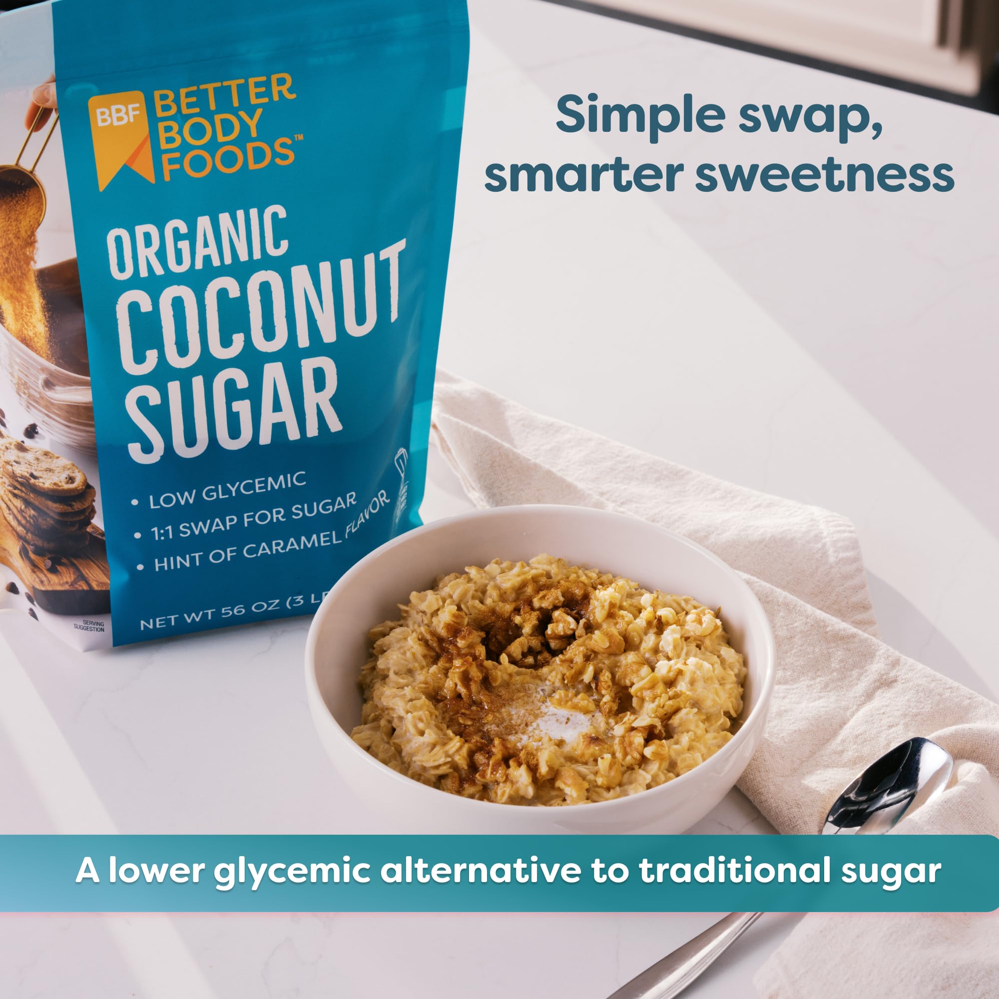 BetterBody Foods Organic Coconut Sugar, Gluten-Free, Non-GMO, Low Glycemic Sugar Substitute, 3.5 lbs, 56 ounces