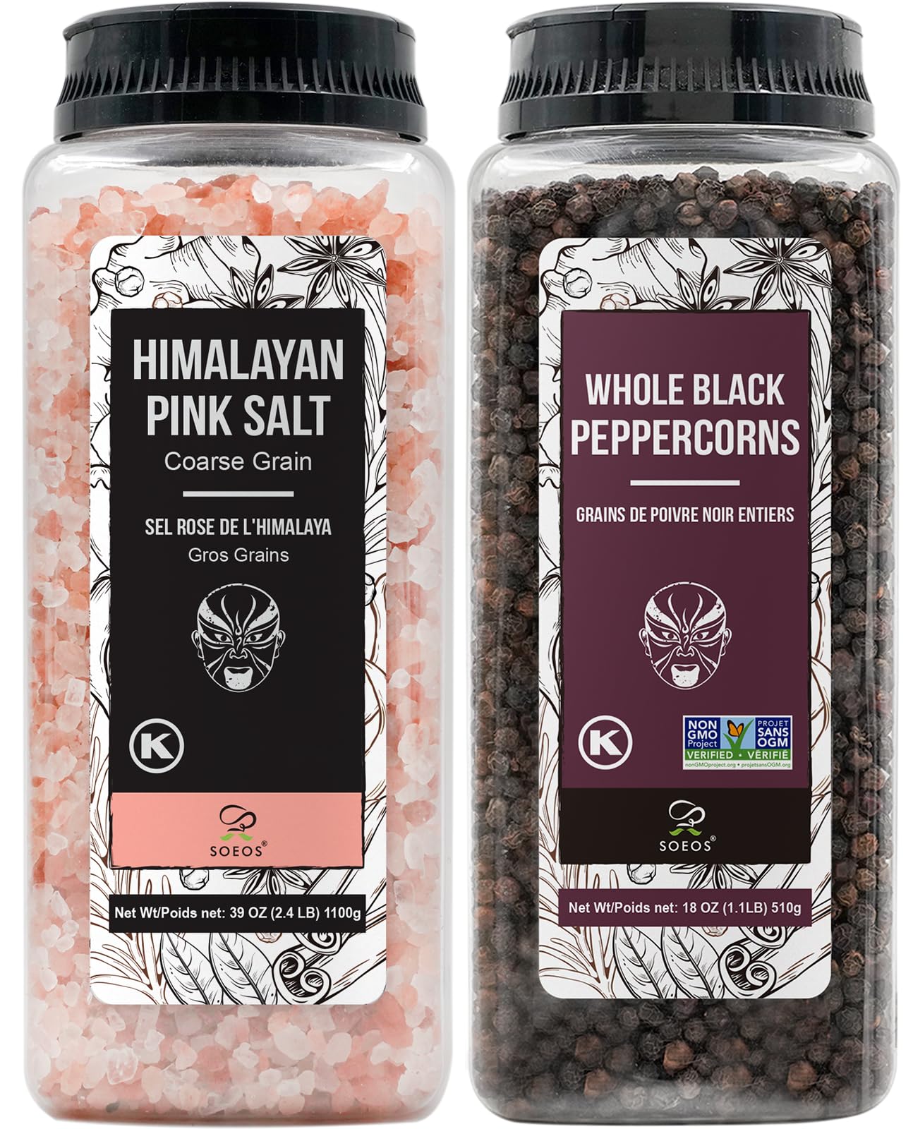 Soeos Himalayan Pink Salt 39 oz + Whole Black Peppercorns 18 oz, Coarse Grain, Kosher Salt for Grinder Refill, Salt and Pepper Grinder, Non-GMO