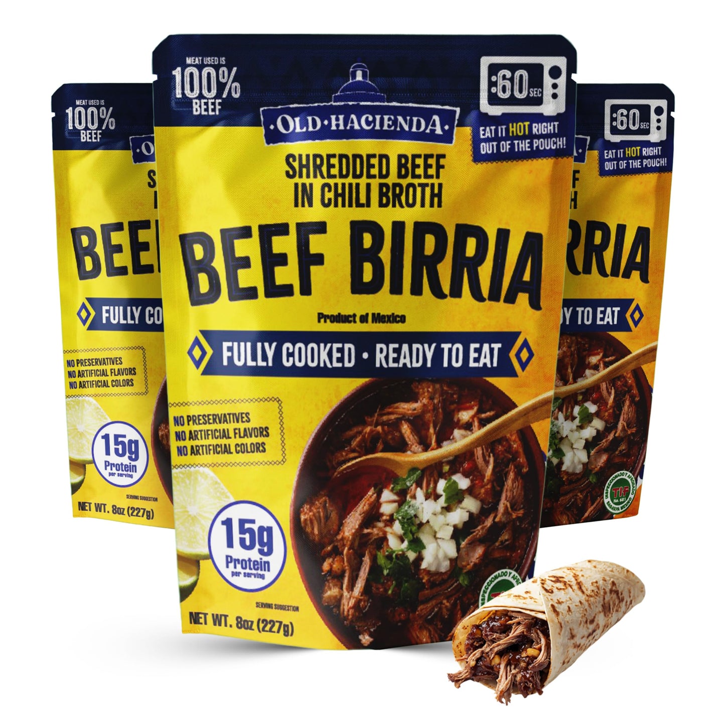 Old Hacienda Beef Birria | 100% Shredded Beef in Chili Broth | Fully Cooked & Ready to Eat | 15g Protein | No Preservatives, Artificial Flavors or