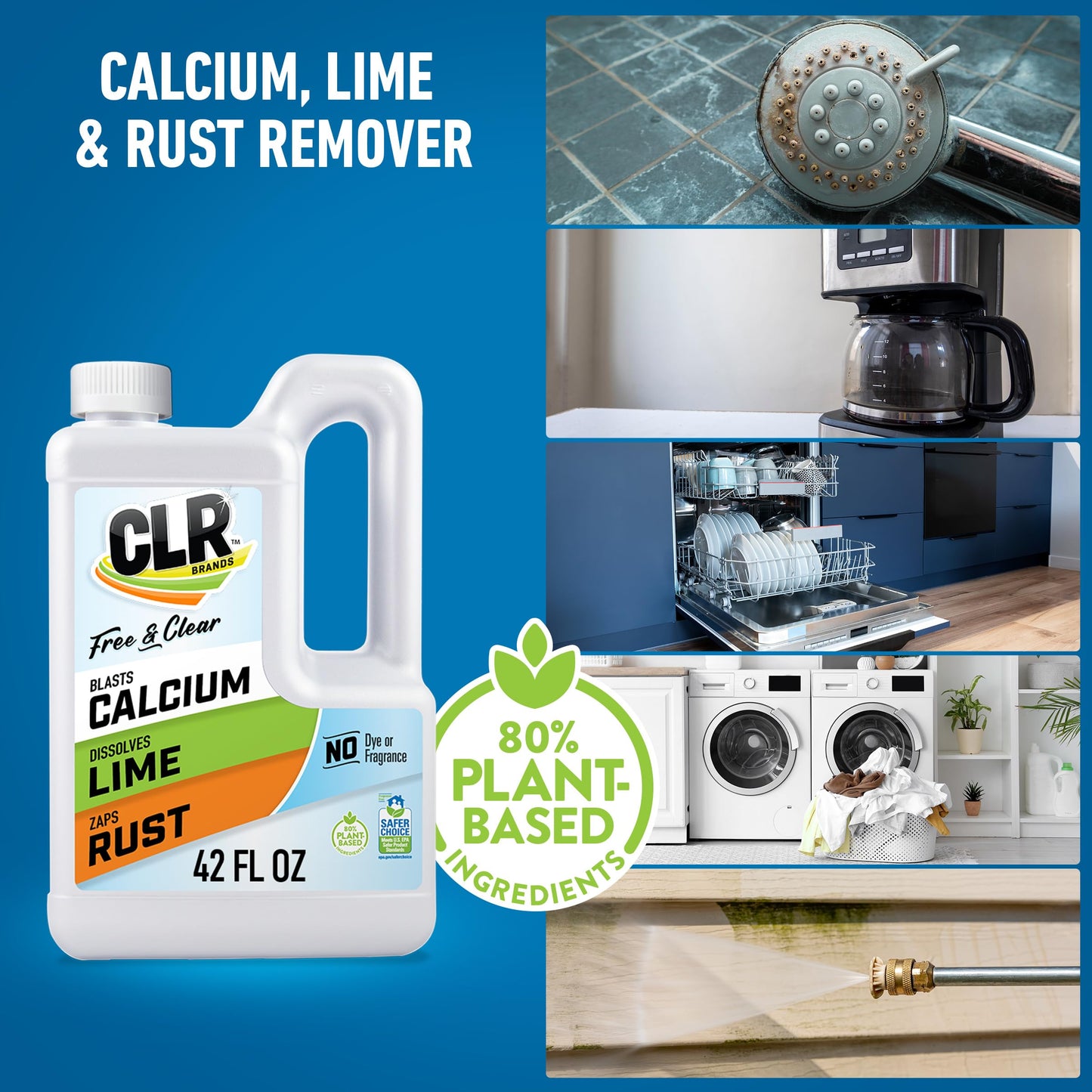 CLR Brands Calcium, Lime & Rust Remover Free & Clear, No Dyes or Fragrances, Gentle Lime and Bathroom Descaler, Removes Hard Water Stains and Rust