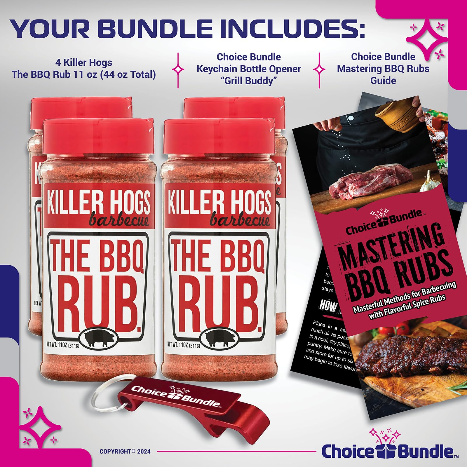 Killer Hogs The BBQ Rub Premium Barbecue Spice & Seasoning 4 pk (44 oz) I Plus Guide & Bottle Opener (6 Items)!