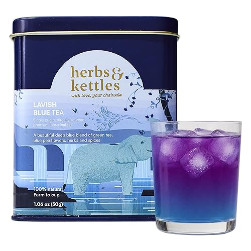 Herbs & Kettles Lavish Blue Tea | Butterfly Pea Flower & Darjeeling Green Tea with Lemongrass, Ginger & Mint | Color-Changing Herbal Tea | 1.06 oz