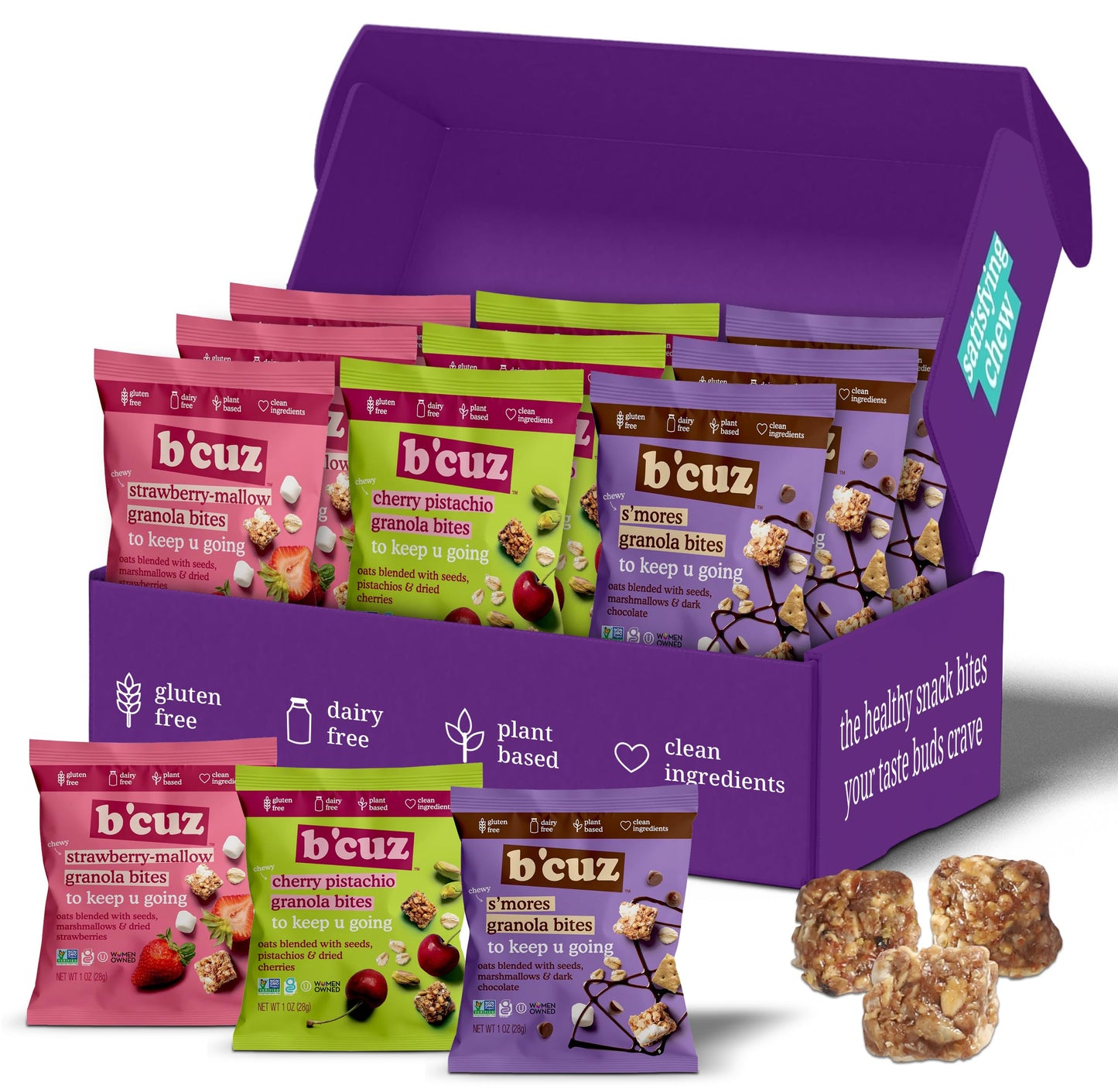 B'cuz Granola Bites Variety Pack, Cherry Pistachio, Strawberry Mallow & S’mores, Gluten Free, Dairy Free, Vegan, Kosher Snacks, On-the-Go Breakfast