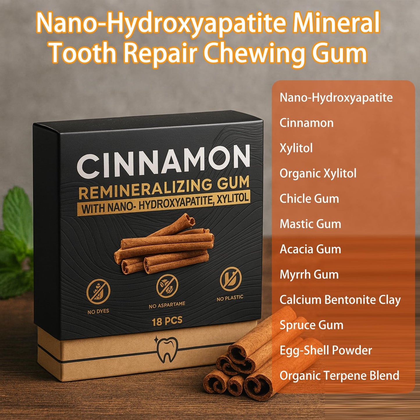 Cinnamon Remineralizing Gum with Nano Hydroxyapatite, Sugar-Free Xylitol and Tree Sap Blend for Daily Oral Freshness, Chewing Gum for Advanced Enamel