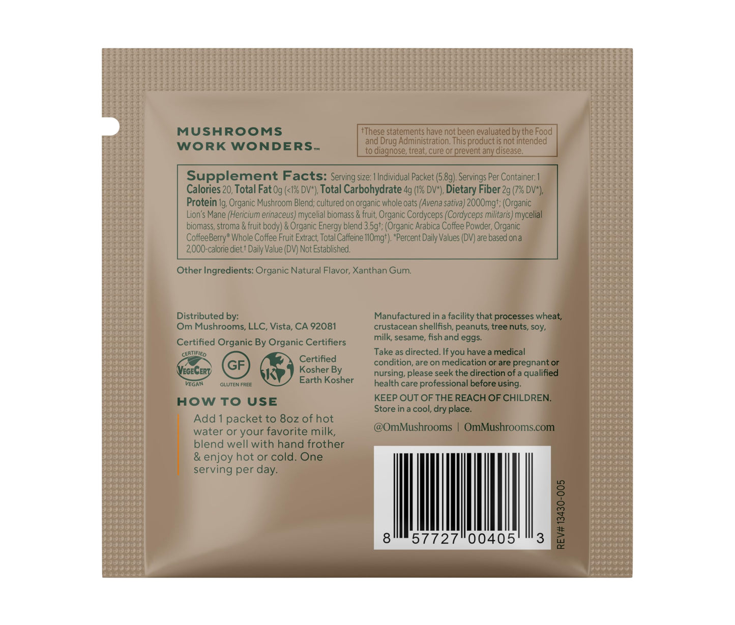 OM MUSHROOM SUPERFOOD Instant Coffe - Organic Arabica with Lion’s Mane, Cordyceps, Reishi, Turkey Tail & Ginkgo Biloba - Supports Energy, Focus