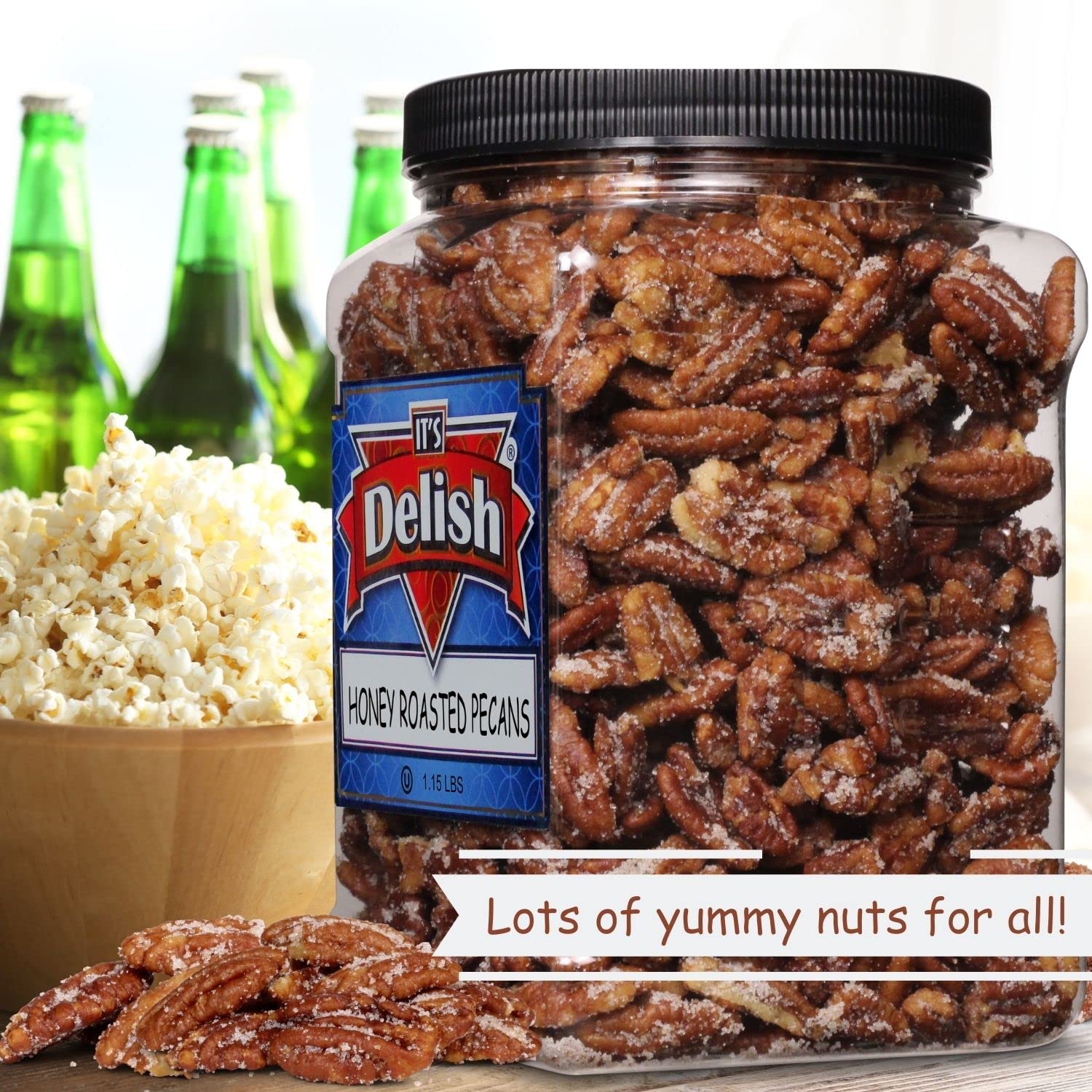 Honey Roasted Pecans by It's Delish, 1.15 LBS Reusable Jumbo Container | Gourmet Pecan Nuts in Honey Sugar Coating, Sweet & Heart Healthy Salted Nut