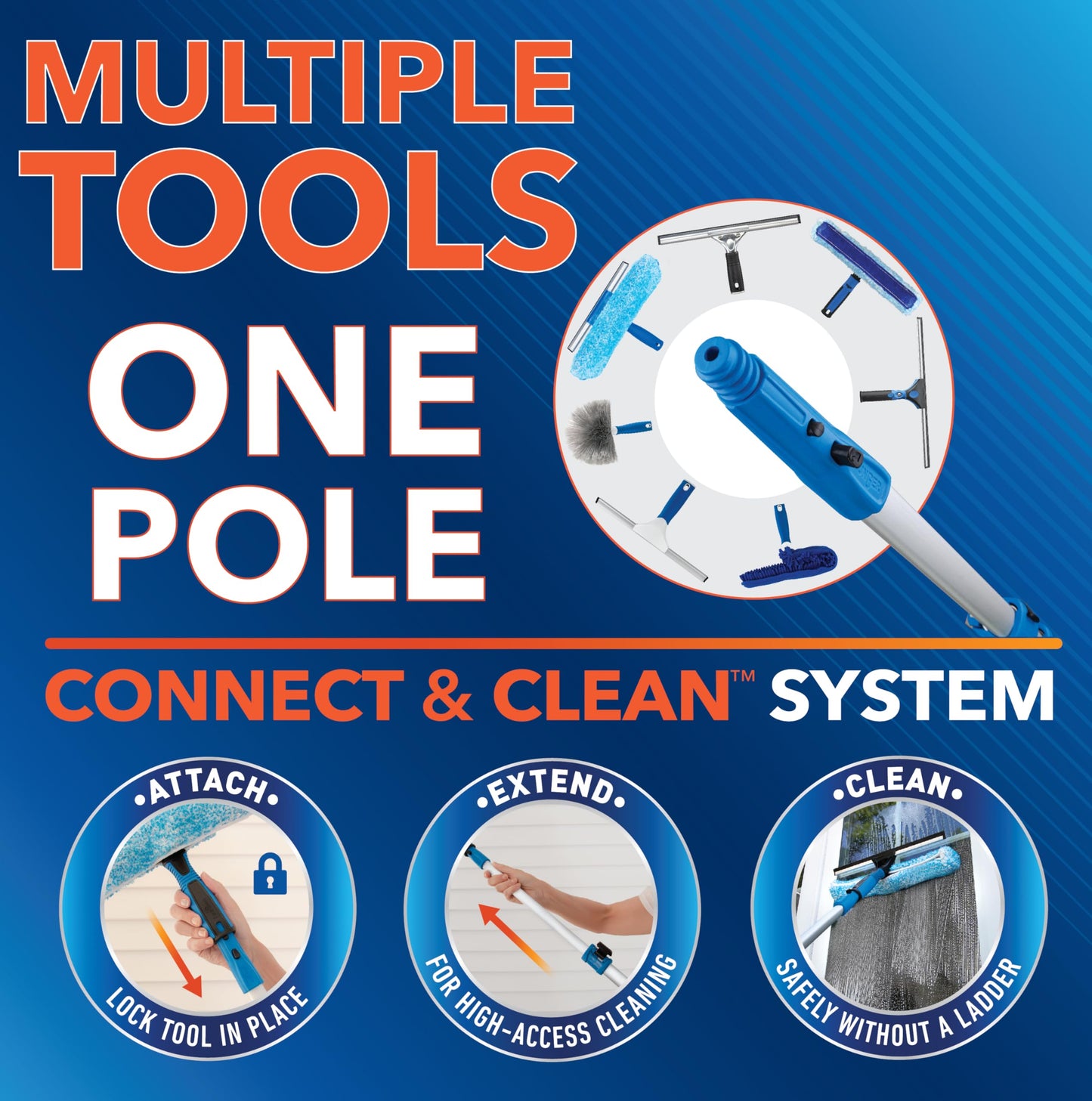 Unger Professional Connect and Clean Total Pro Cleaning Kit, All-in-One Household Window Washing with Streak-Free Results, Includes 12” Squeegee, 14”