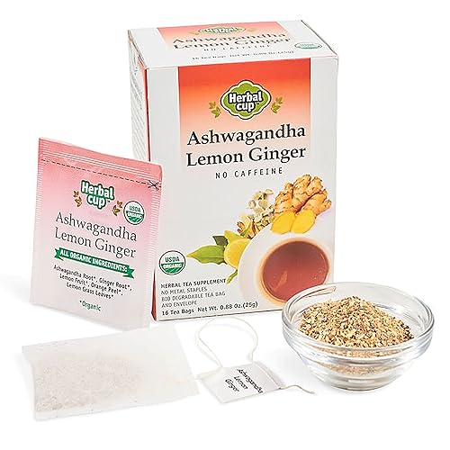 Herbal Cup Ashwagandha Tea, Organic Lemon Ginger, No Caffeine Herbal Teas (Organic Lemon Ginger, 16 Count (Pack of 6))