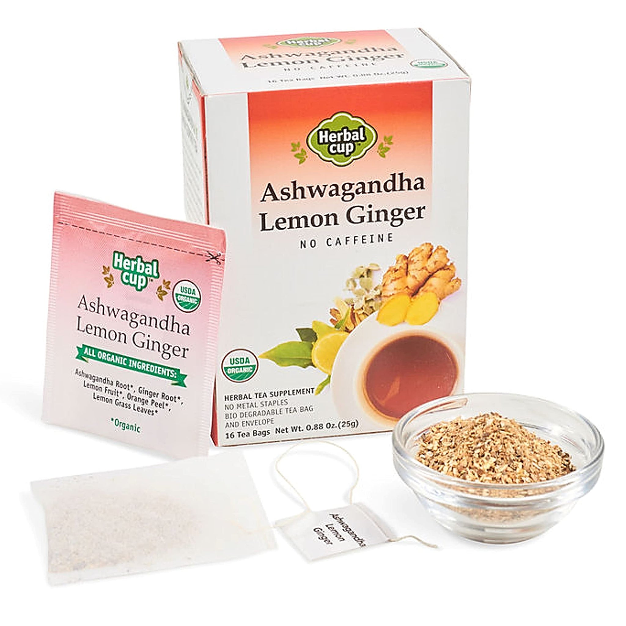 Herbal Cup Ashwagandha Tea, Organic Lemon Ginger, No Caffeine Herbal Teas (Organic Lemon Ginger, 16 Count (Pack of 6))