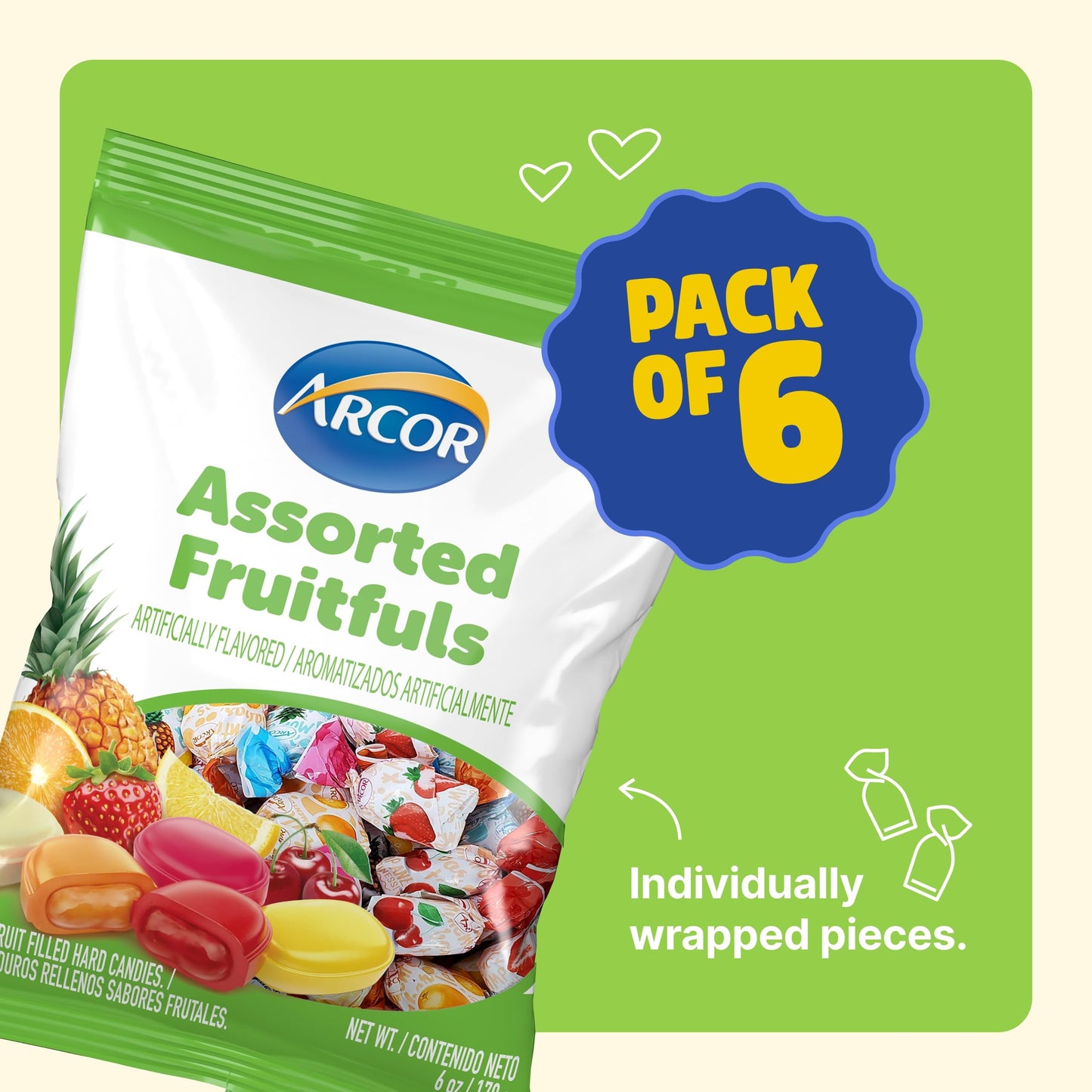 Arcor Assorted Fruit Candy - Individually Wrapped, Delicious Fruit Filled Hard Candy with Strawberry, Cherry, Pineapple, Orange & Lemon Flavors - 6oz